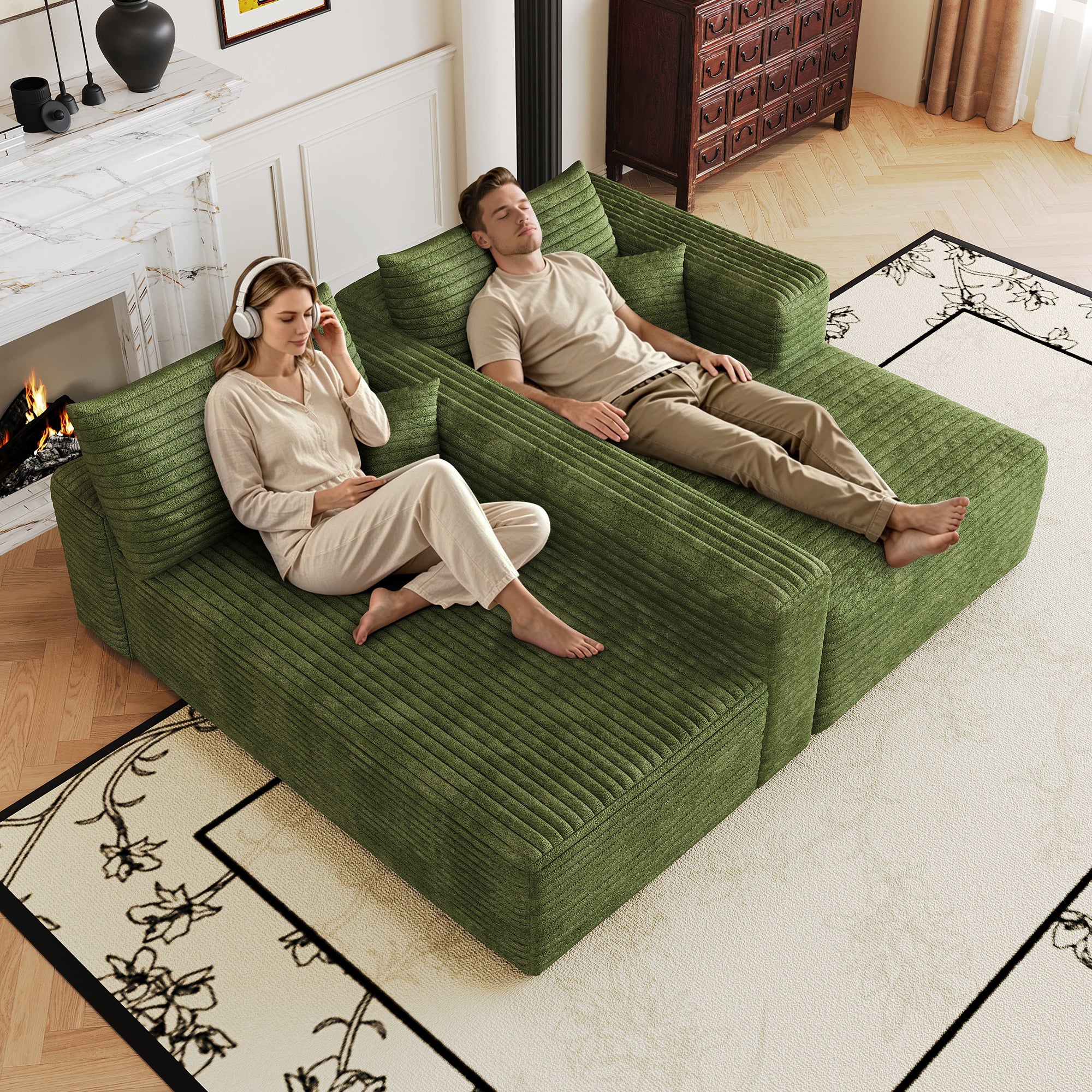 Green corduroy L-shaped corner couch, side profile view