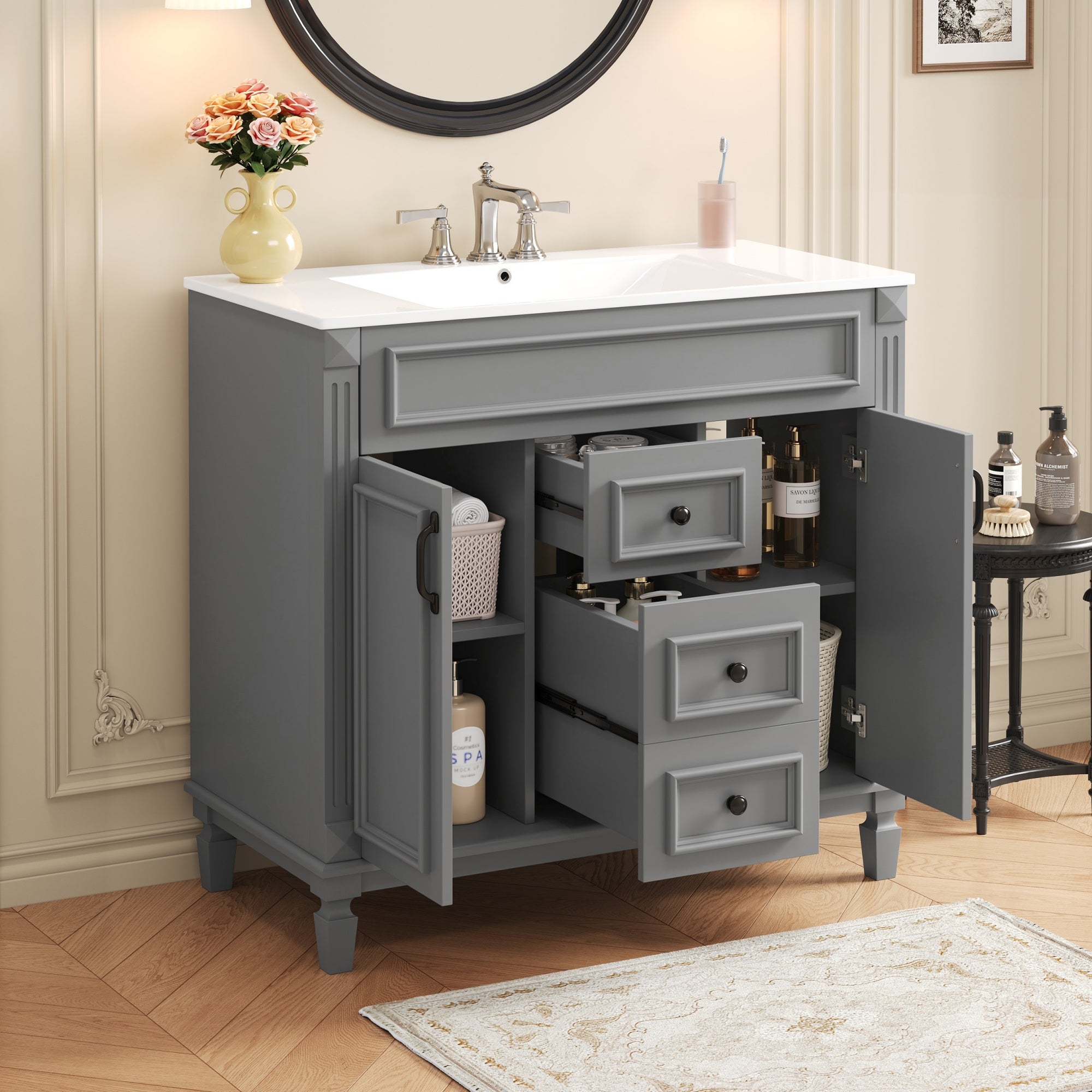 36 inch single sink bathroom vanity, angled view
