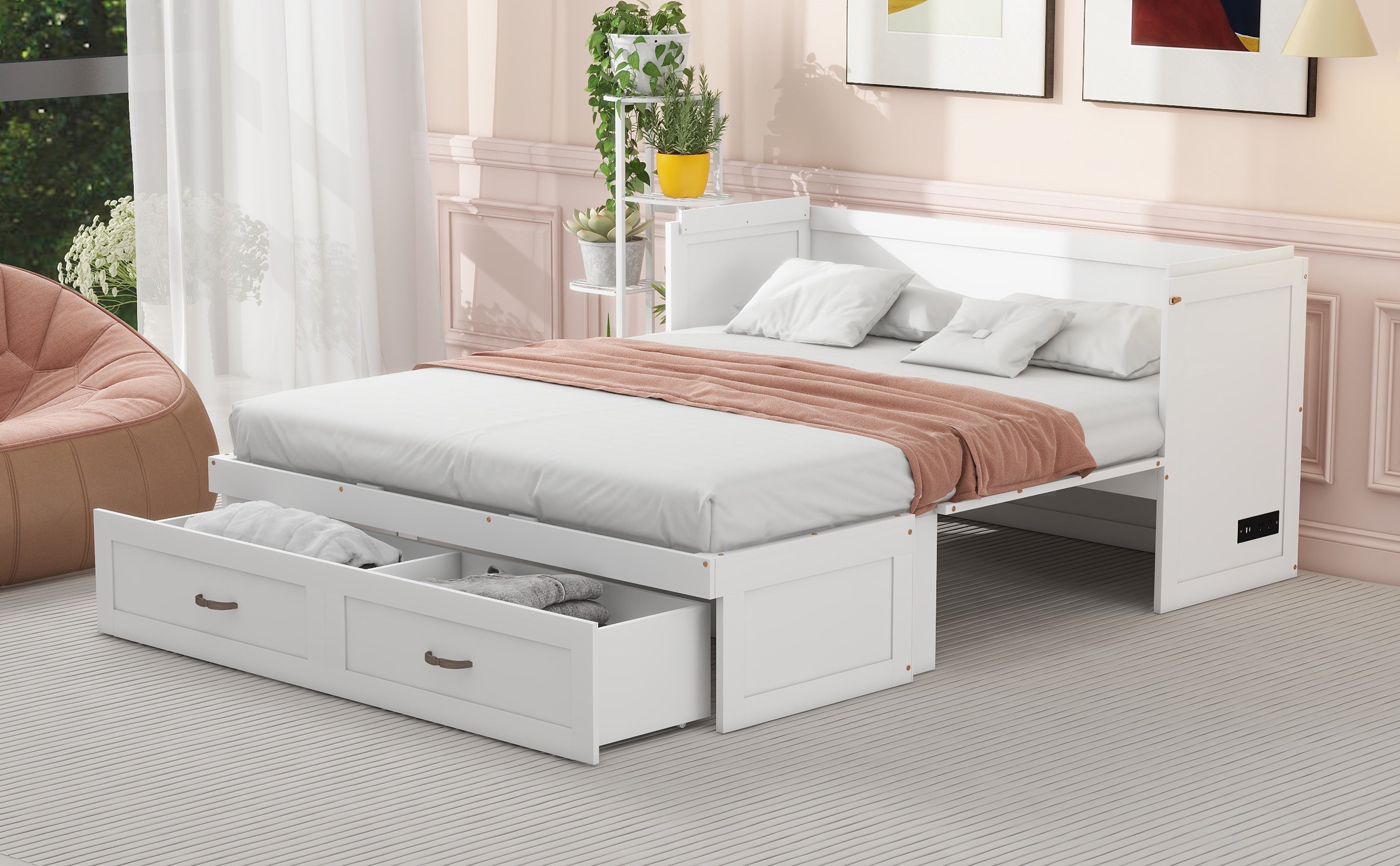 Queen Size Murphy Bed with USB Ports, Large Drawers and Metal Handles, White