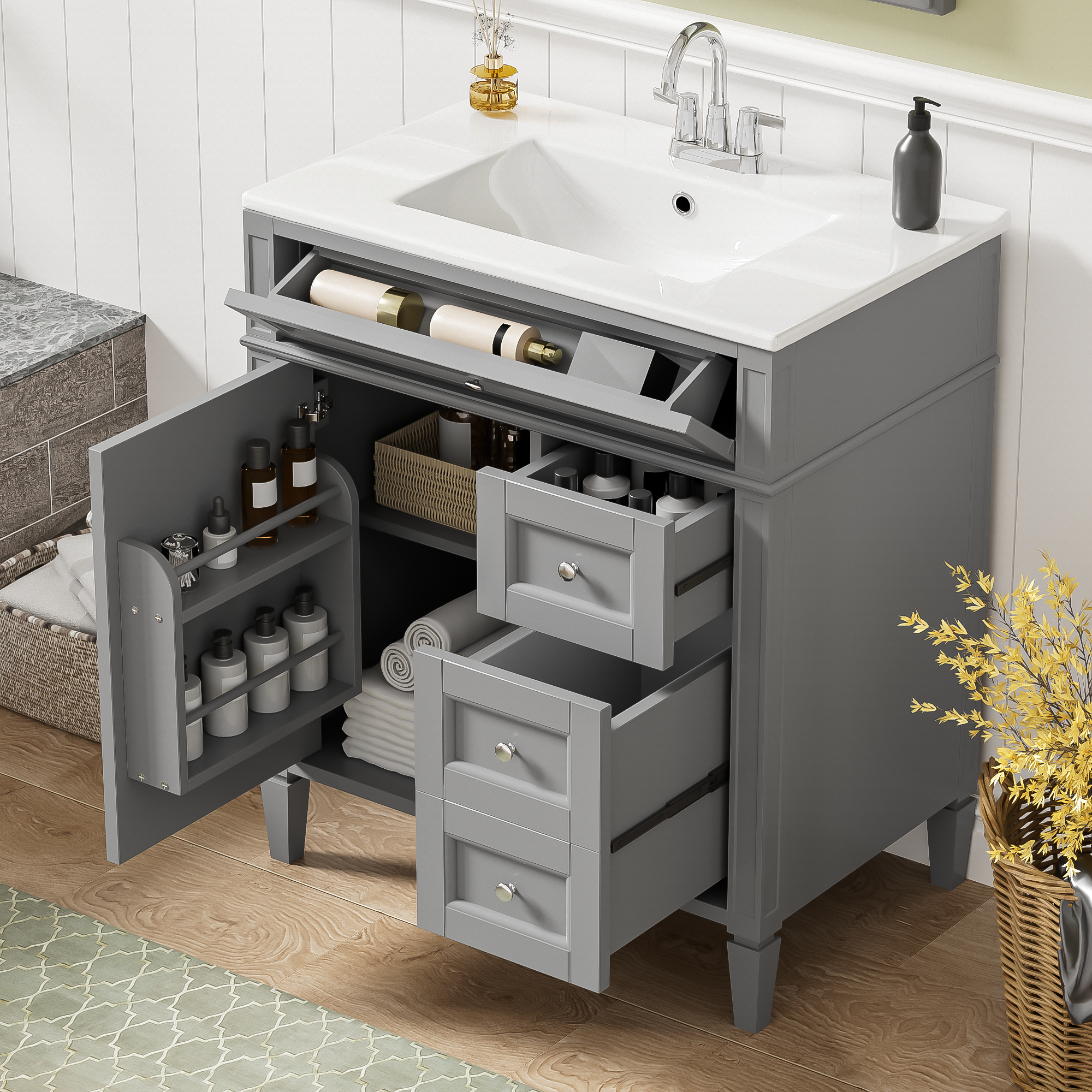 30-inch modern bathroom vanity showing 2 drawers and tip-out drawer storage