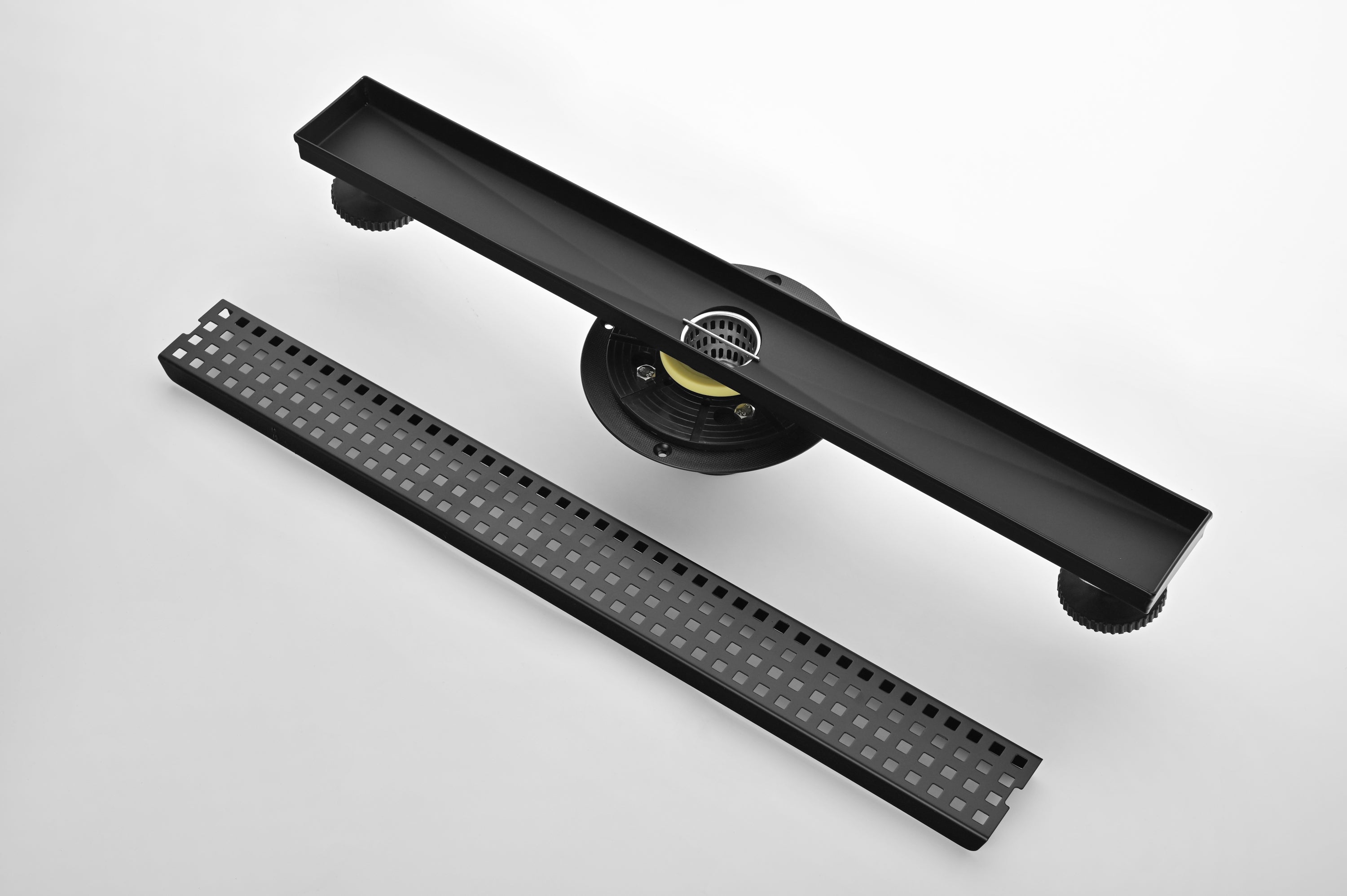 24 Inches Linear Shower Drain with Removable Quadrato Pattern Grate, 304 Stainless Shower Drain Included Hair Strainer and Leveling Feet, Flange