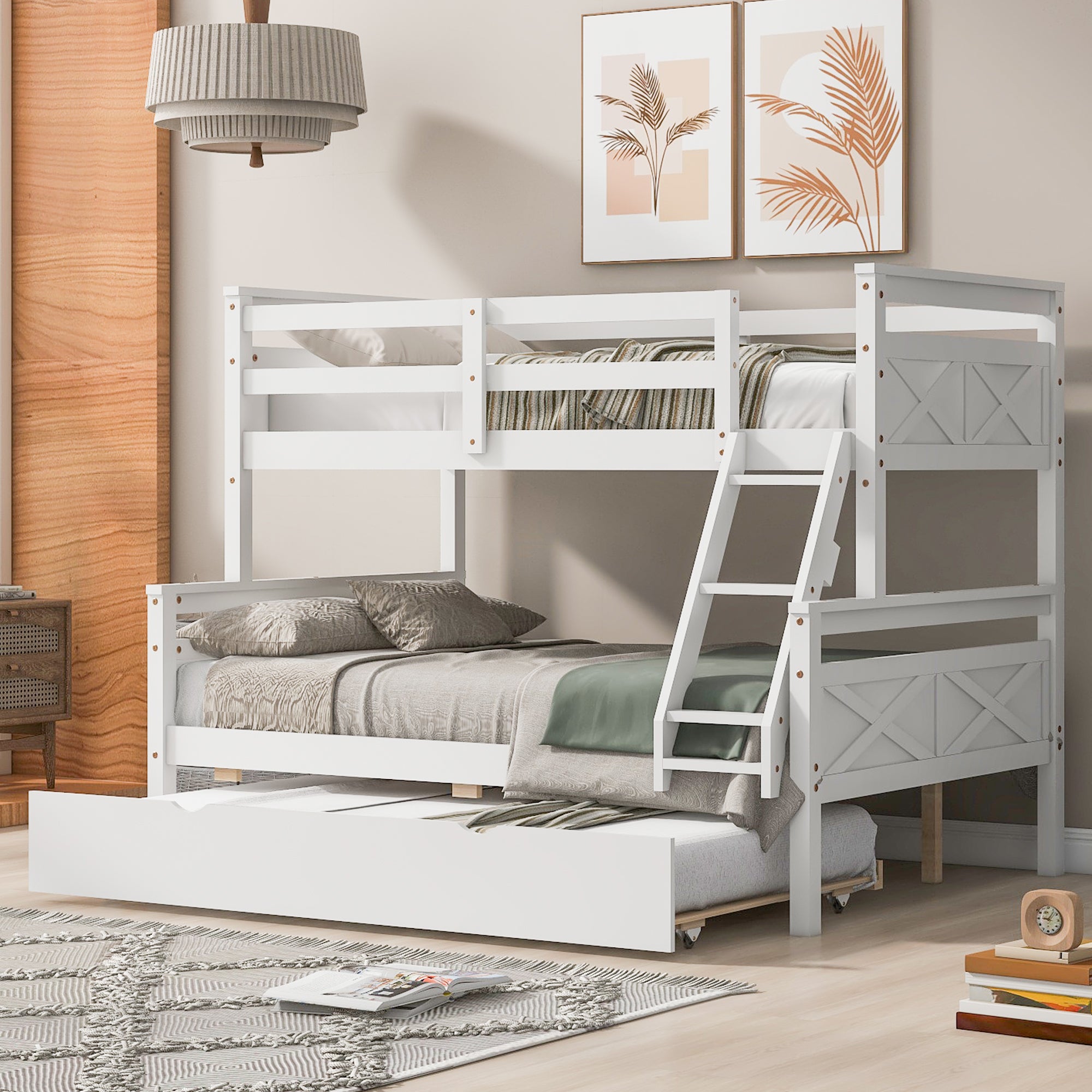 Twin over full white bunk bed with trundle and ladder, front view