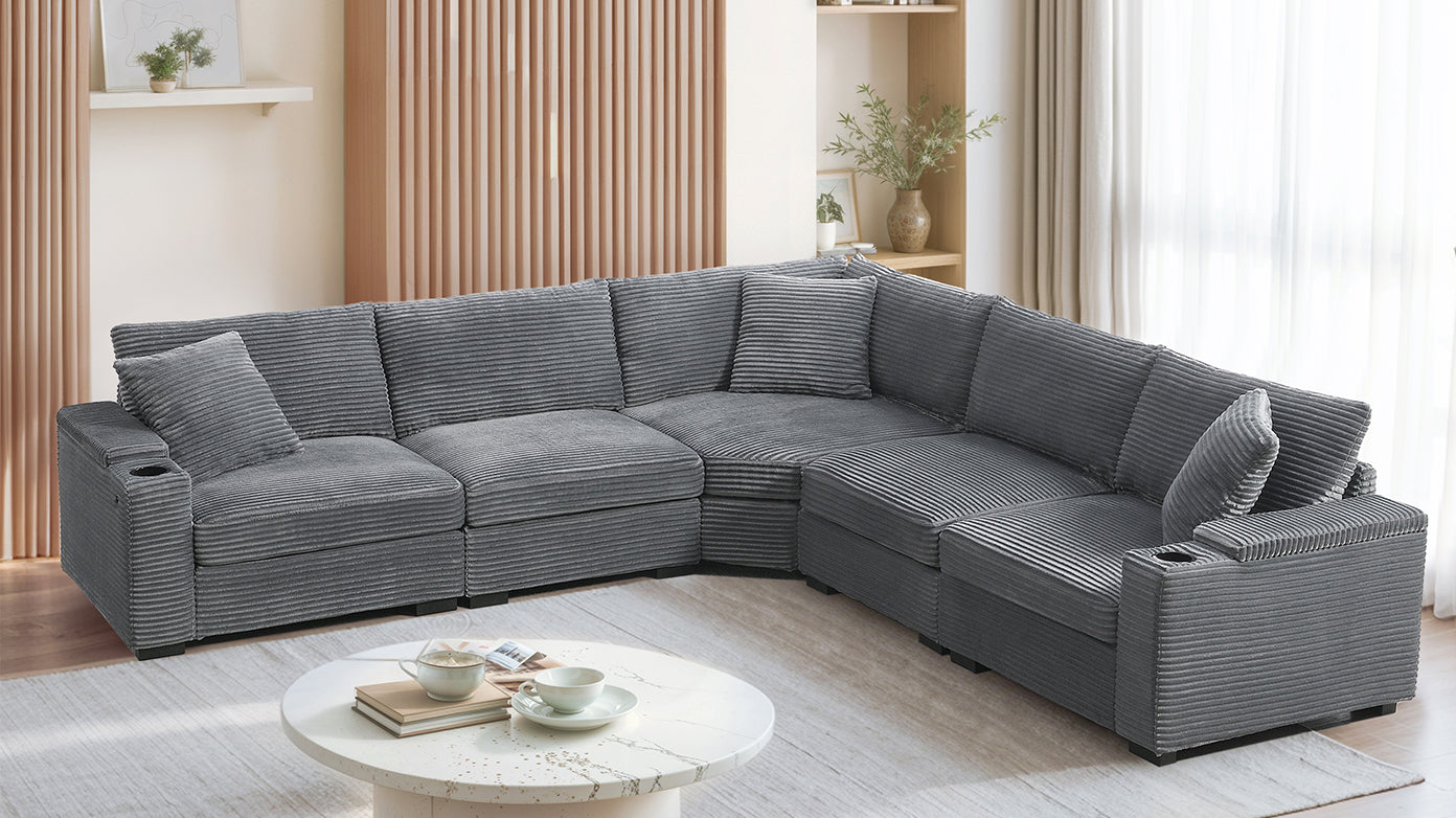 Corduroy modular corner sectional sofa, angled side view