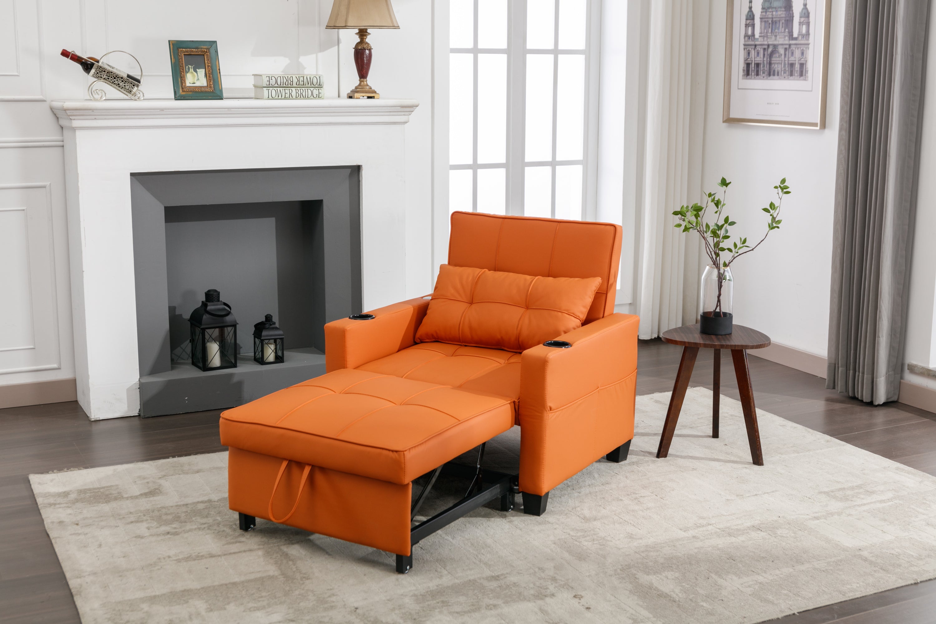 Futon Chair Bed Convertible Chair 3-in-1 Pull Out Sleeper Chair Beds with USB Ports,Wear-resistant and Anti-scratch, Armchair Bed Sleeper for Living Room (Orange Leather)