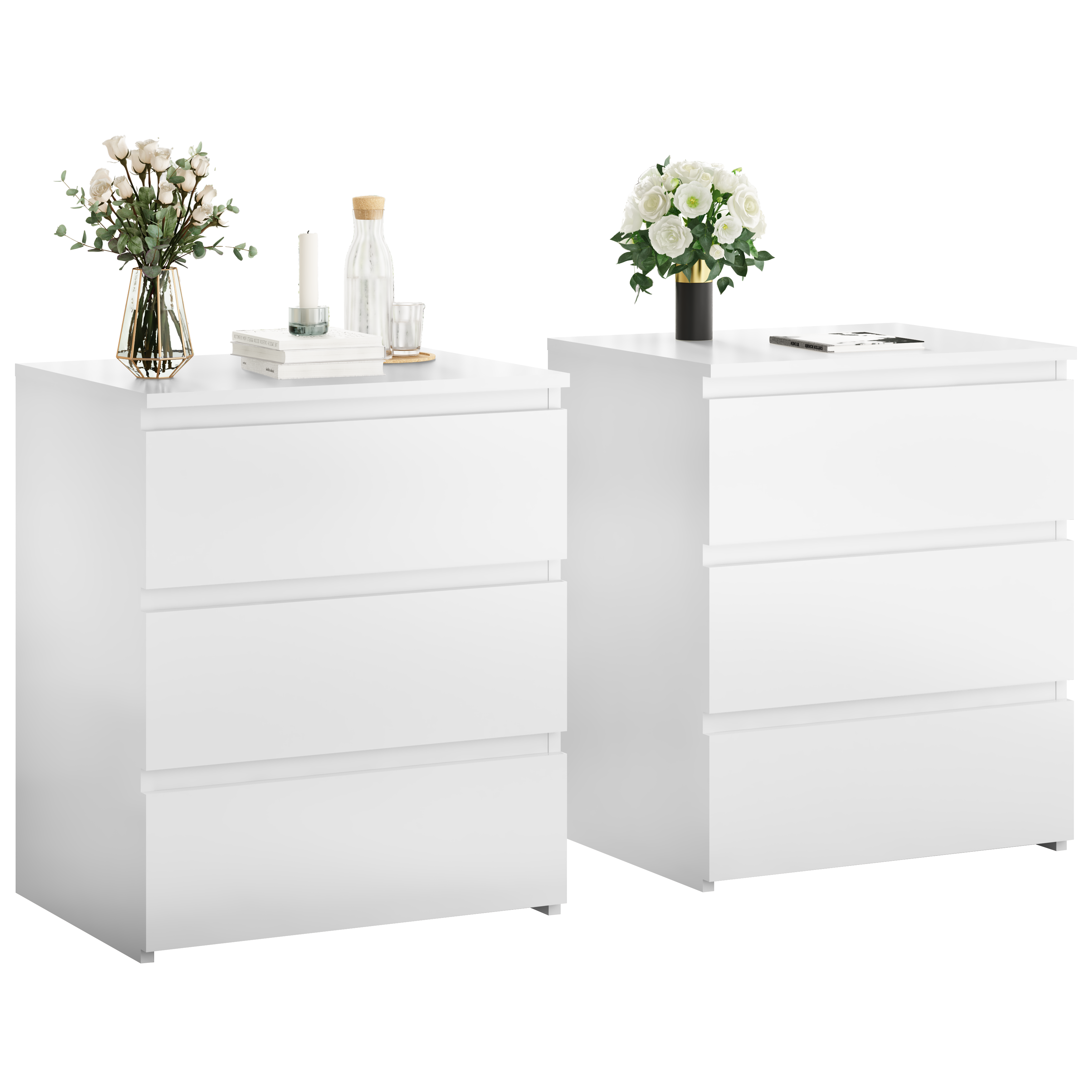 White 3-drawer wood nightstand, bedside styled view