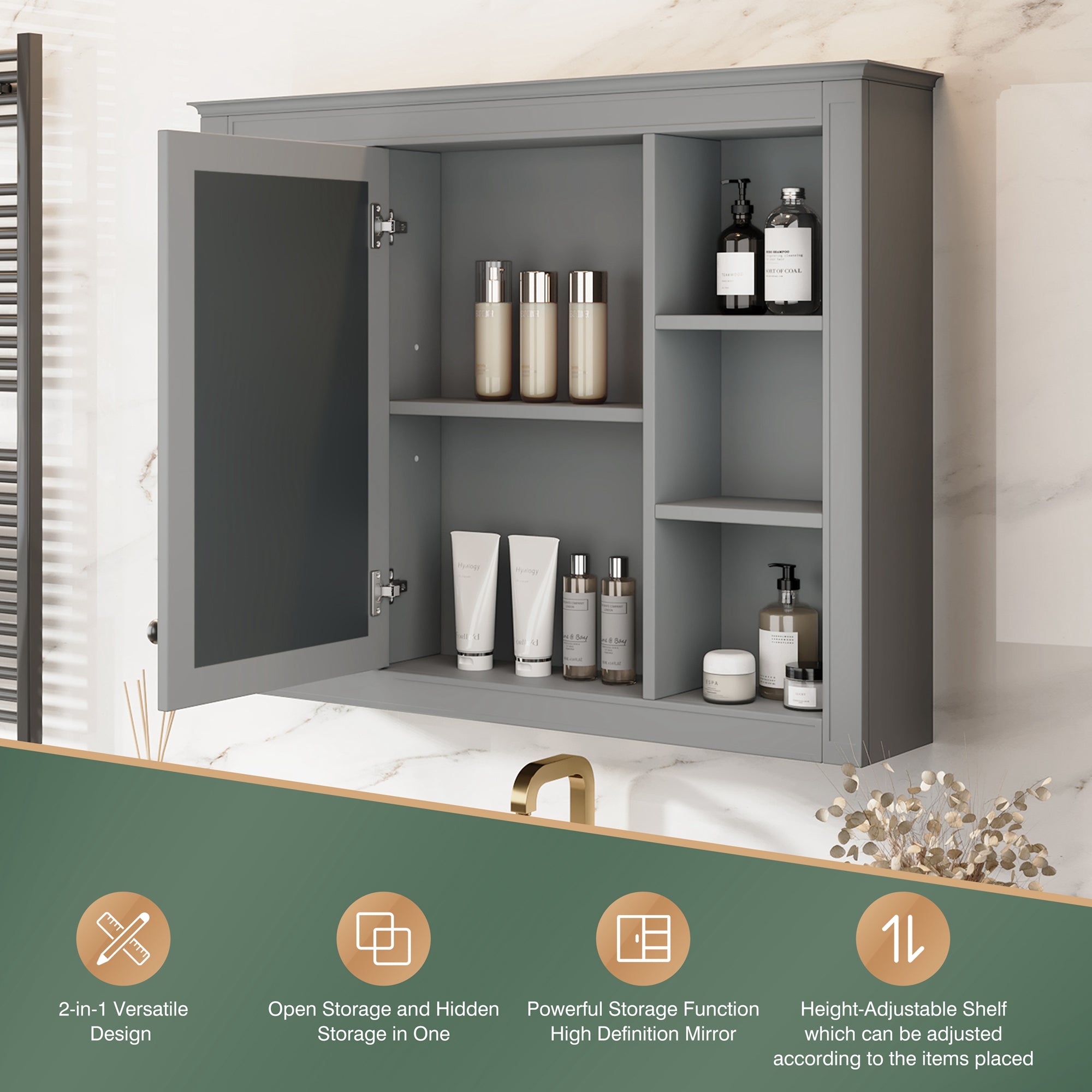Modern medicine cabinet with mirror and 6 open shelves, close-up detail