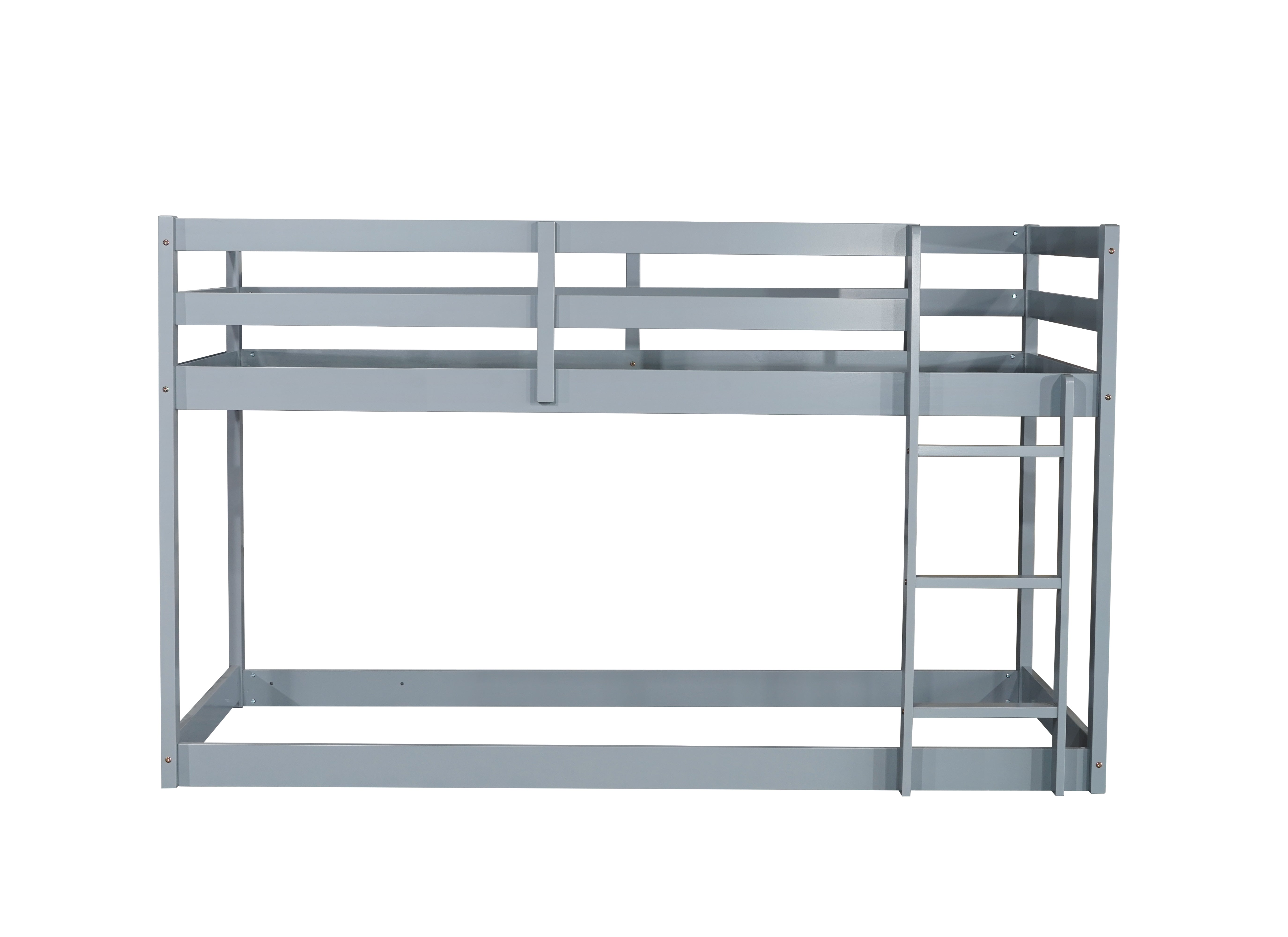 Grey twin over twin bunk bed, angled side view with ladder