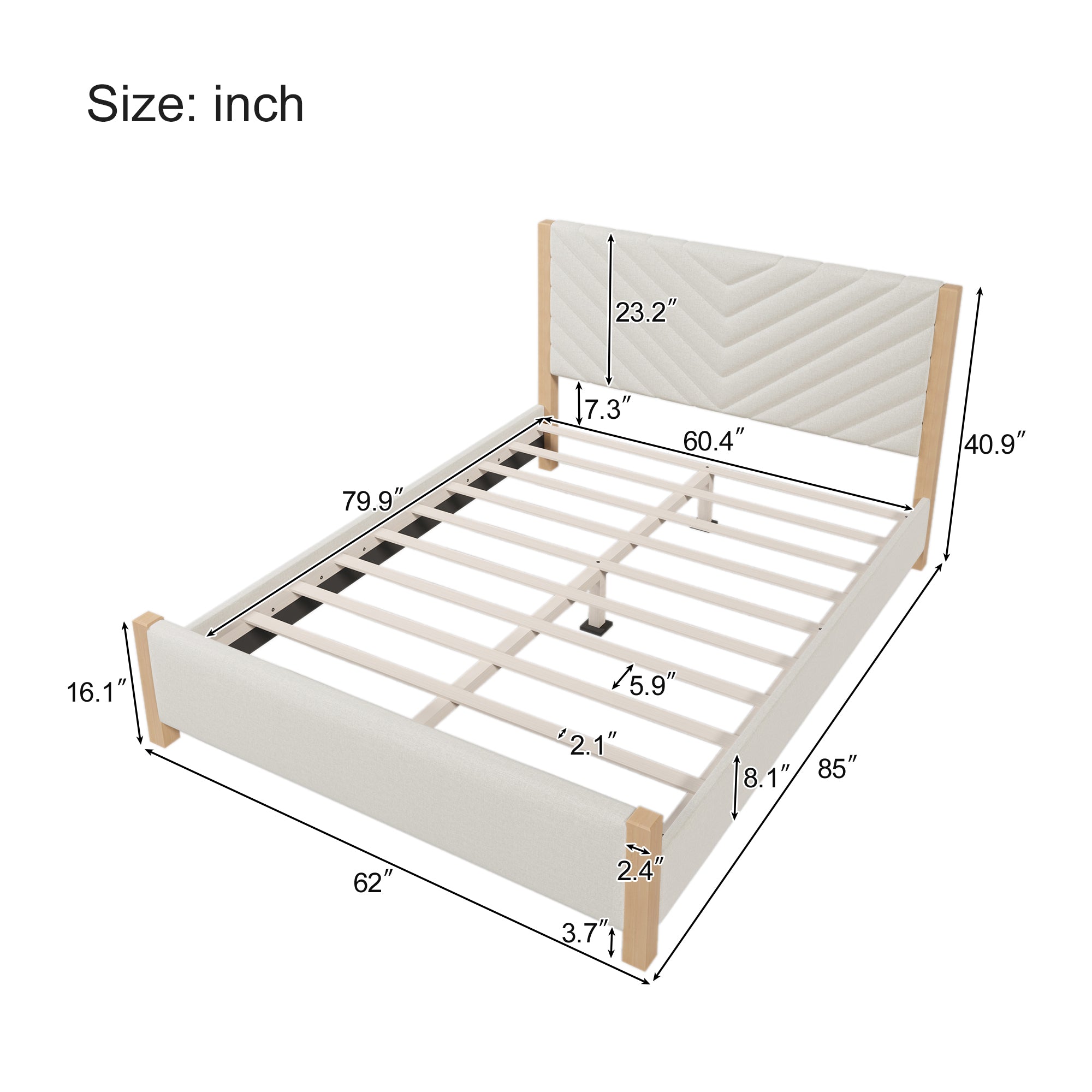 Modern Mid-Century Queen Upholstered Platform Bed Frame with Tufted Headboard and Solid Wood Legs,No Box Spring Needed,Beige