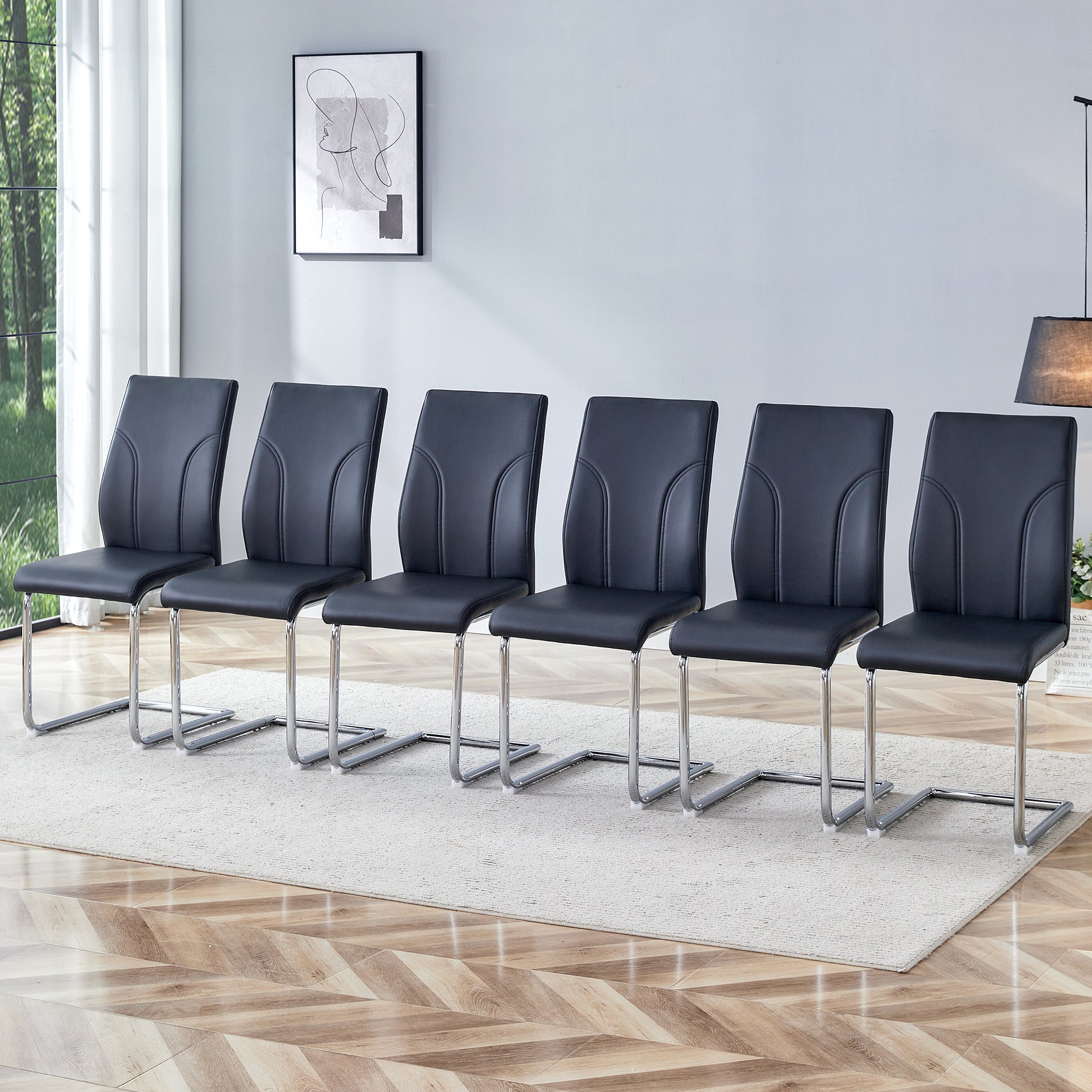 6 Dining Chair Set, Black Dining Chair Set, PU Material High Back Seat and Sturdy Leg Chair, Suitable for Dining Room, Kitchen, Living Room