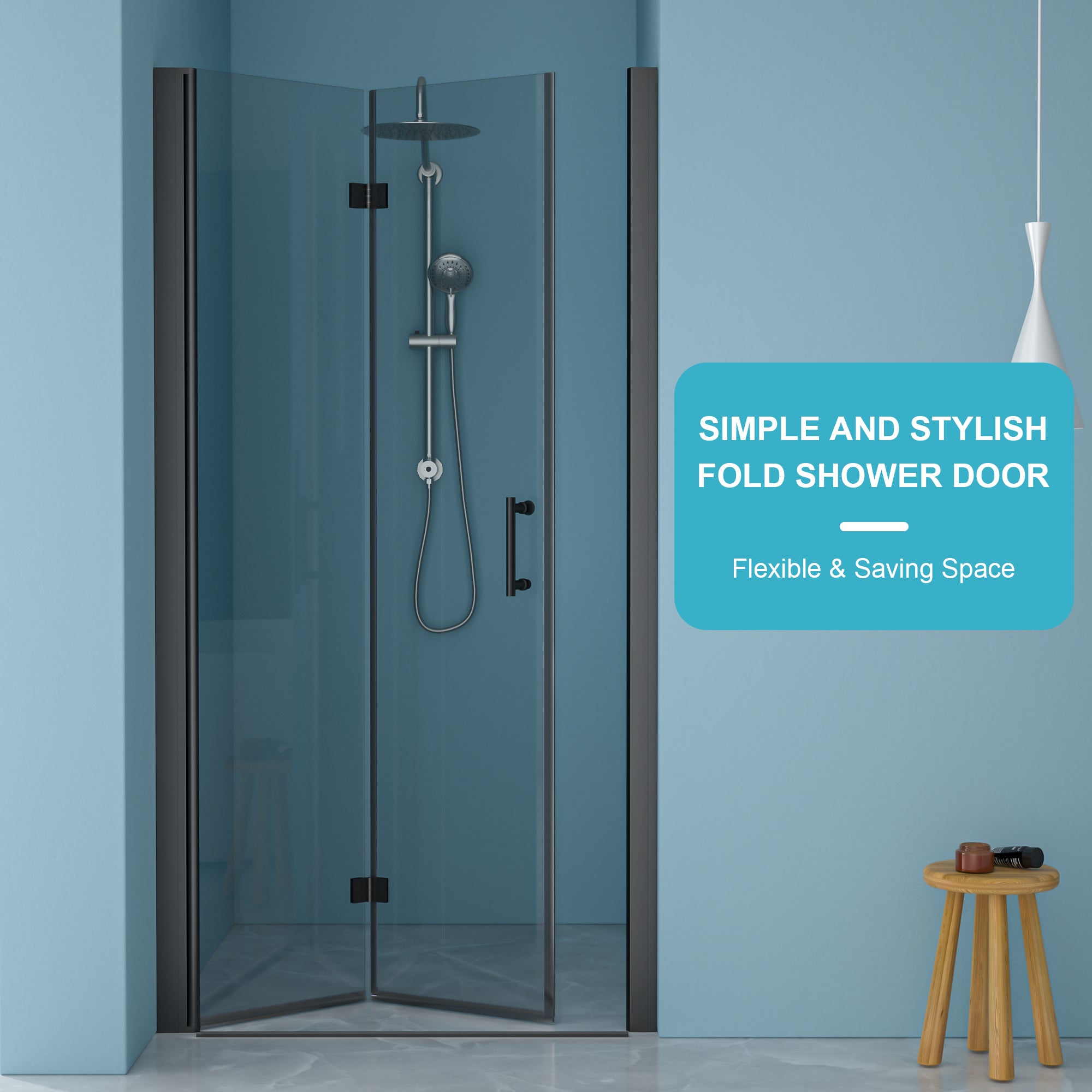 Fold frameless shower door installed view