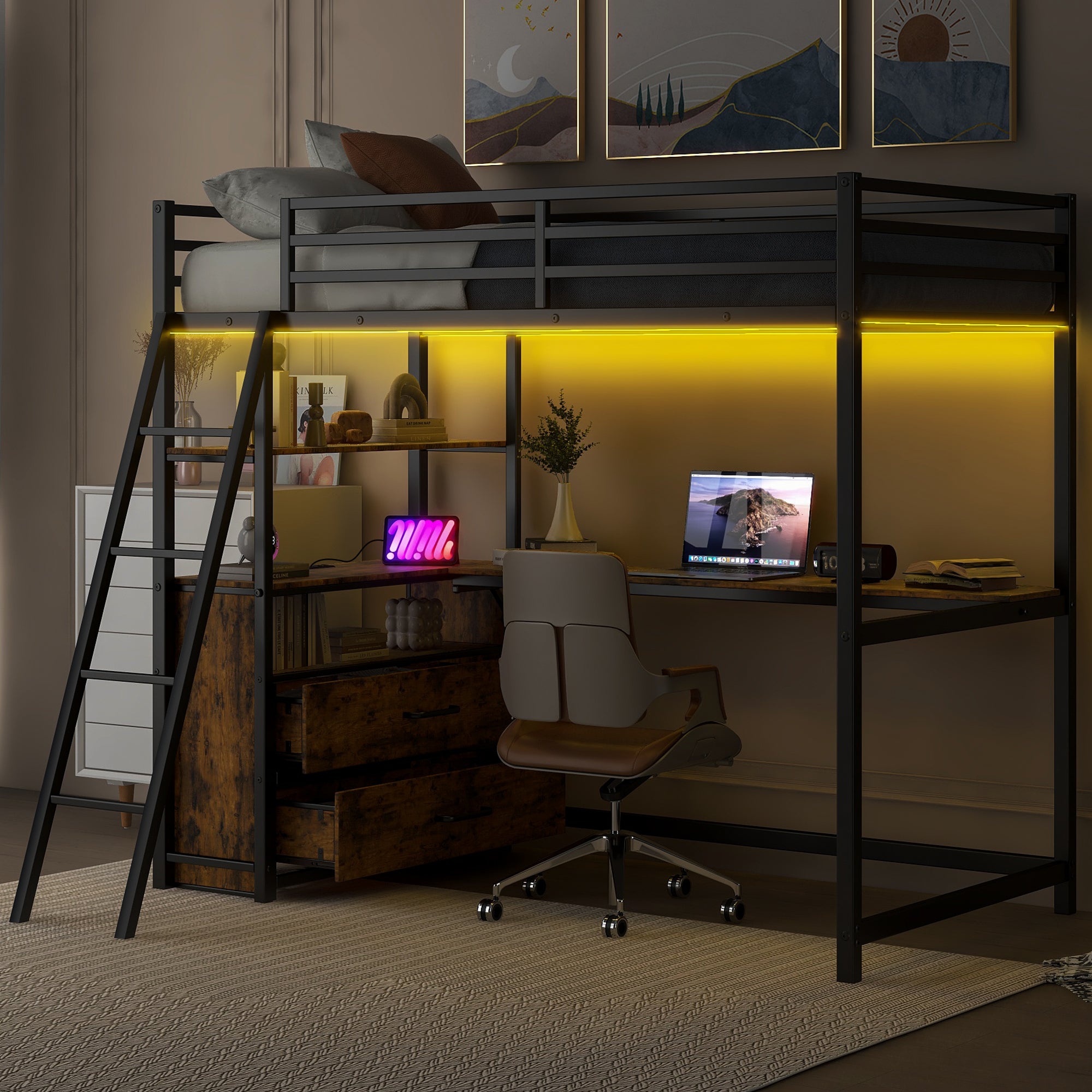 Twin Size Metal&Wood Loft Bed with Desk and Shelves, Two Built-in Drawers, LED Light and USB Charging Station, Black