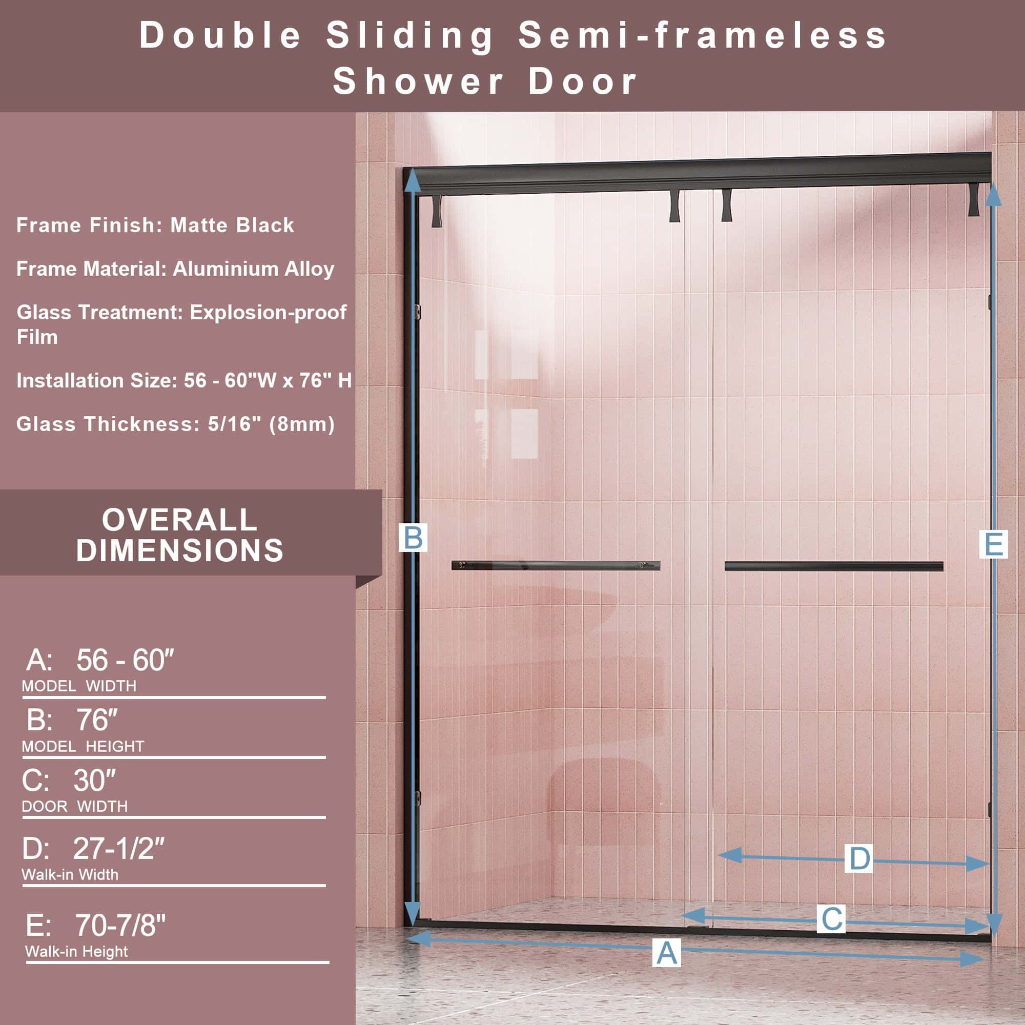 56-60"W x 76"H Semi-Frameless Shower Door, Double Sliding Shower Door, 5/16" (8mm) Clear Tempered Glass Shower Door with Explosion-Proof Film, Matte Black 24D212-60MB-COMBO-1