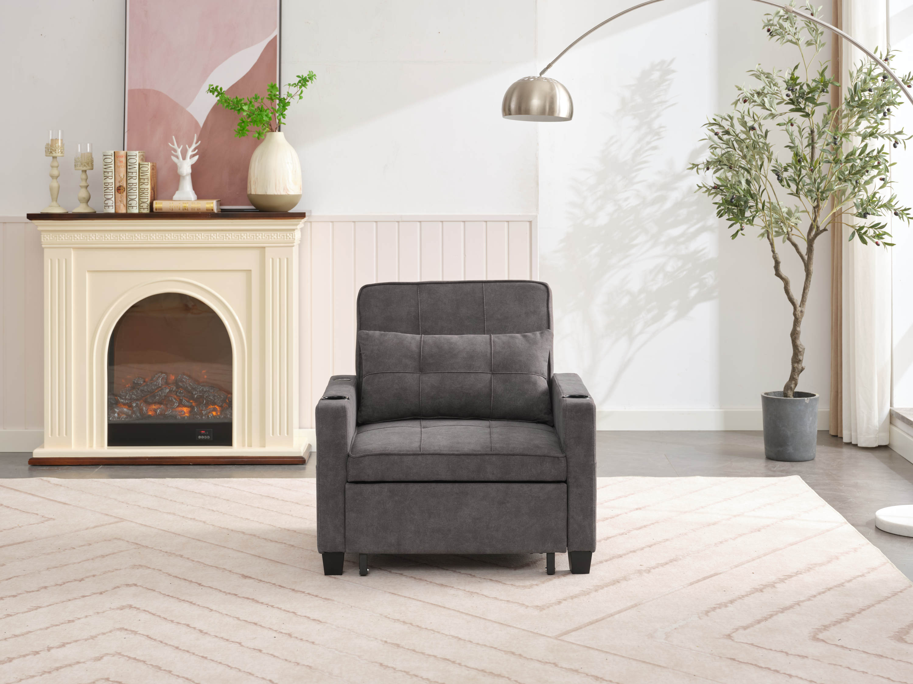 Futon Chair Bed Convertible Chair 3-in-1 Pull Out Sleeper Chair Beds with USB Ports,Wear-resistant and Anti-scratch, Armchair Bed Sleeper for Living Room (Dark Grey Scratch Cloth)