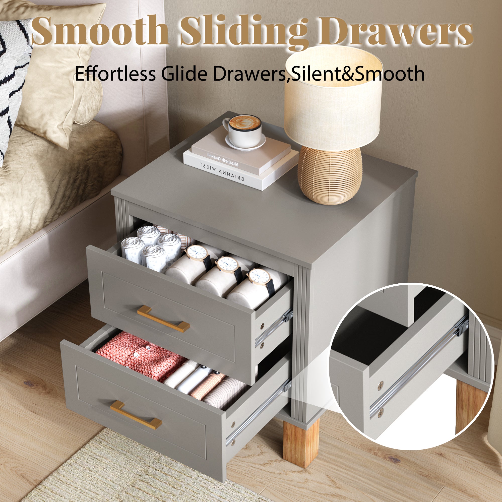 Gray 2-drawer fluted nightstand styled in bedroom setting