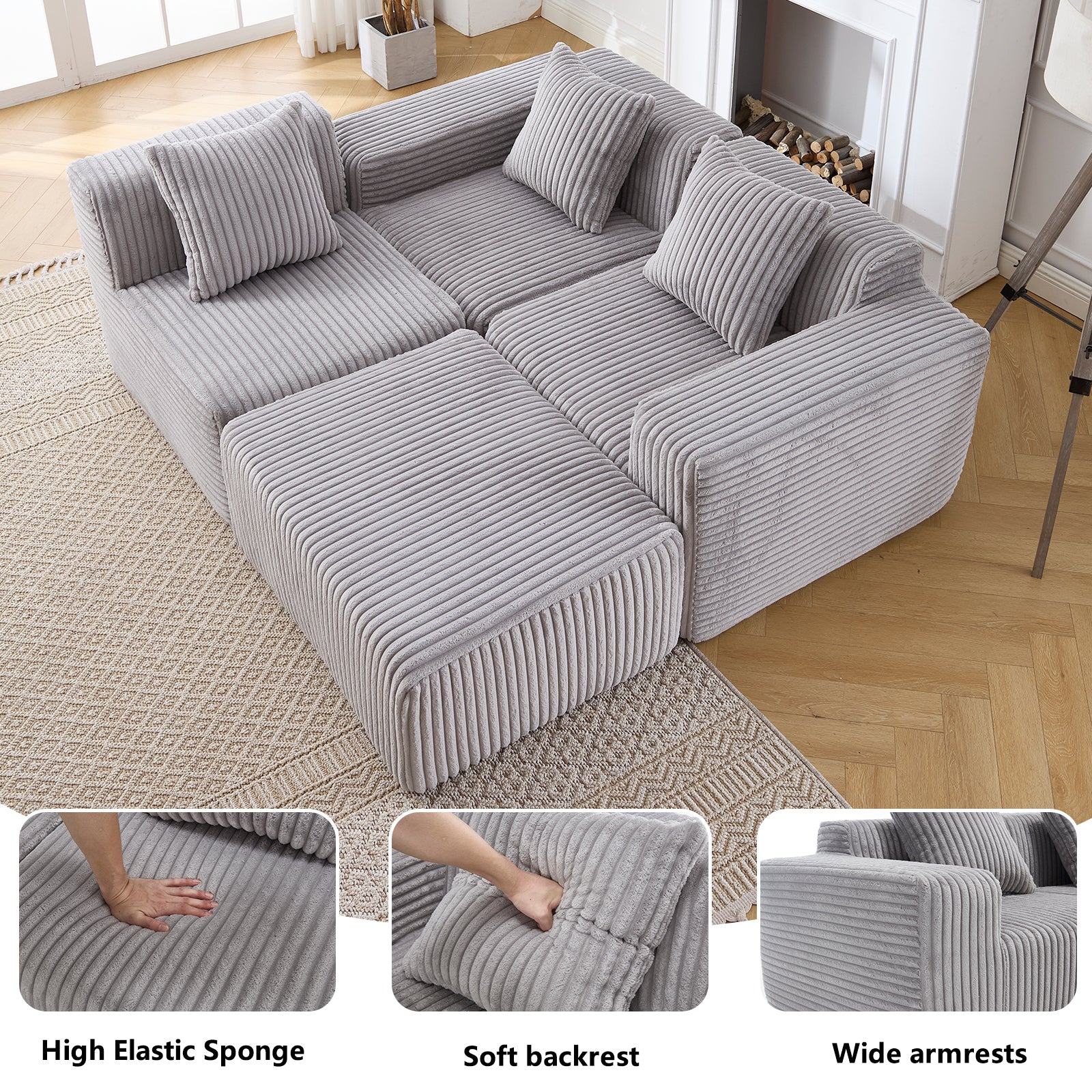 Modern Minimalist Modular Sectional Sofa,  L-Shape Upholstered Cloud Couch with Deep Seats, Right Facing Chaise for Living Room-Light Gray