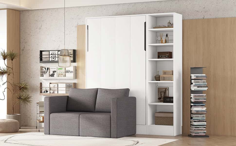 Twin Size Murphy Bed Wall Bed with Sofa,with Shelves,White