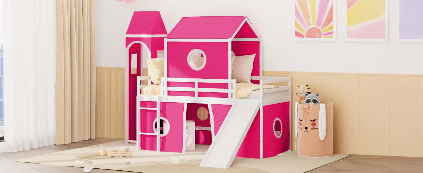 Twin Size Loft  Bed with Slide Pink Tent and Tower - Pink (OLD SKU:WF298769AAH)