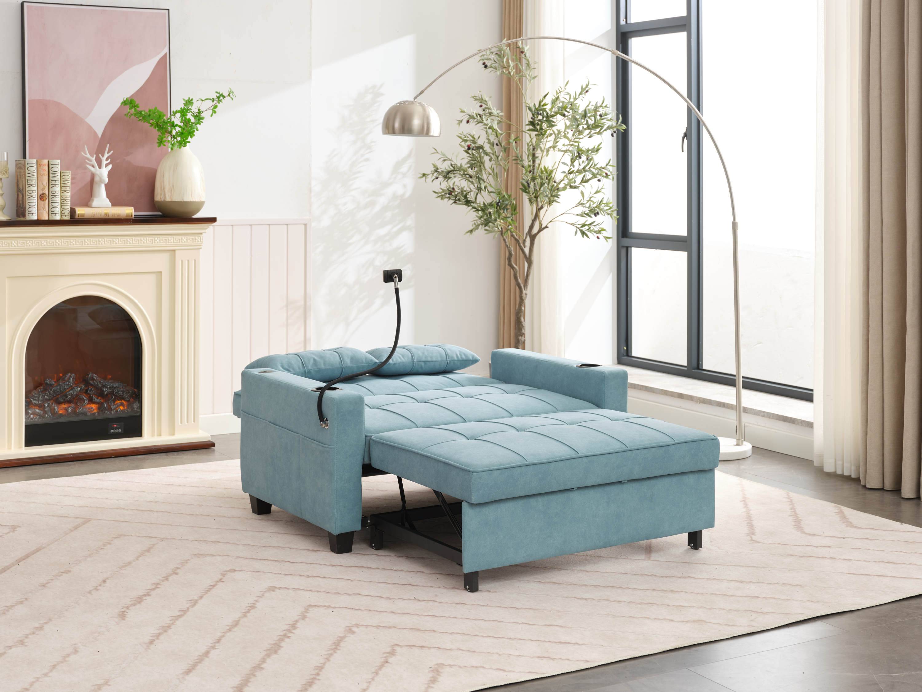 Futon Chair Bed Convertible Chair 3-in-1 Pull Out Sleeper Chair Beds with USB Ports,Wear-resistant and Anti-scratch, Armchair Bed Sleeper for Living Room (Green Tech cloth)