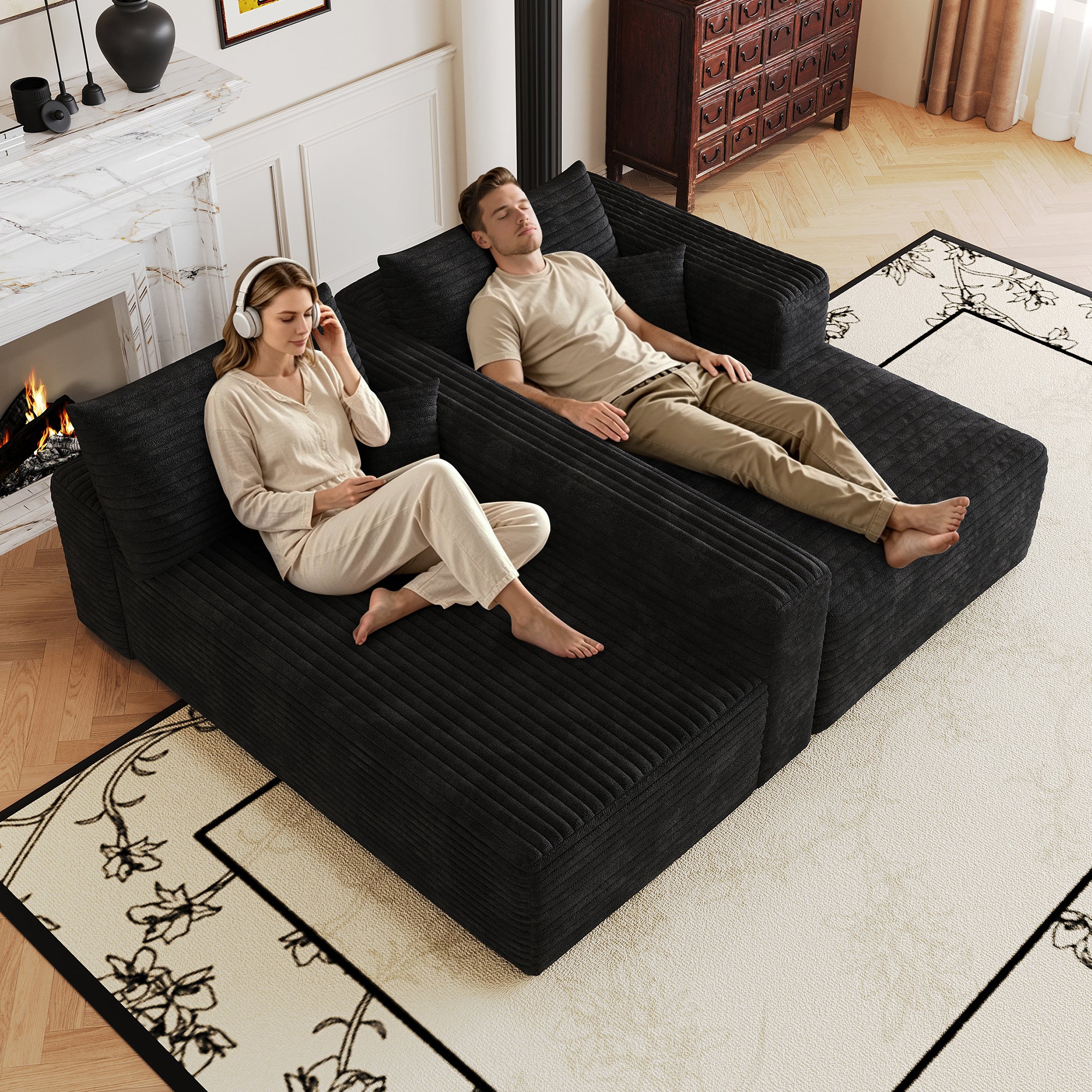 103-inch black L-shaped corner sectional sofa, side profile