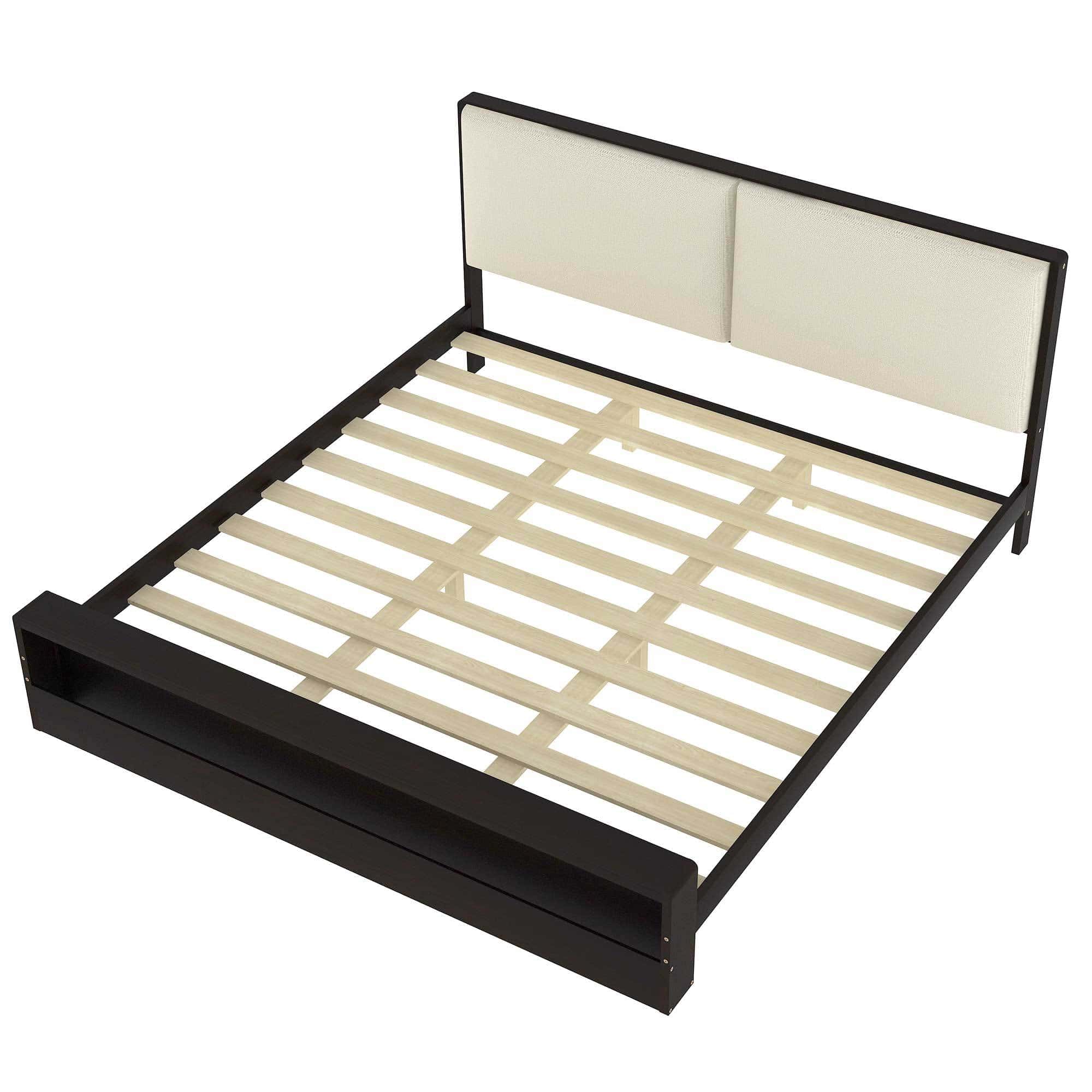 King Size Platform Bed Frame with Upholstery Headboard and Bookshelf in Footboard and LED Light Strips, Espresso