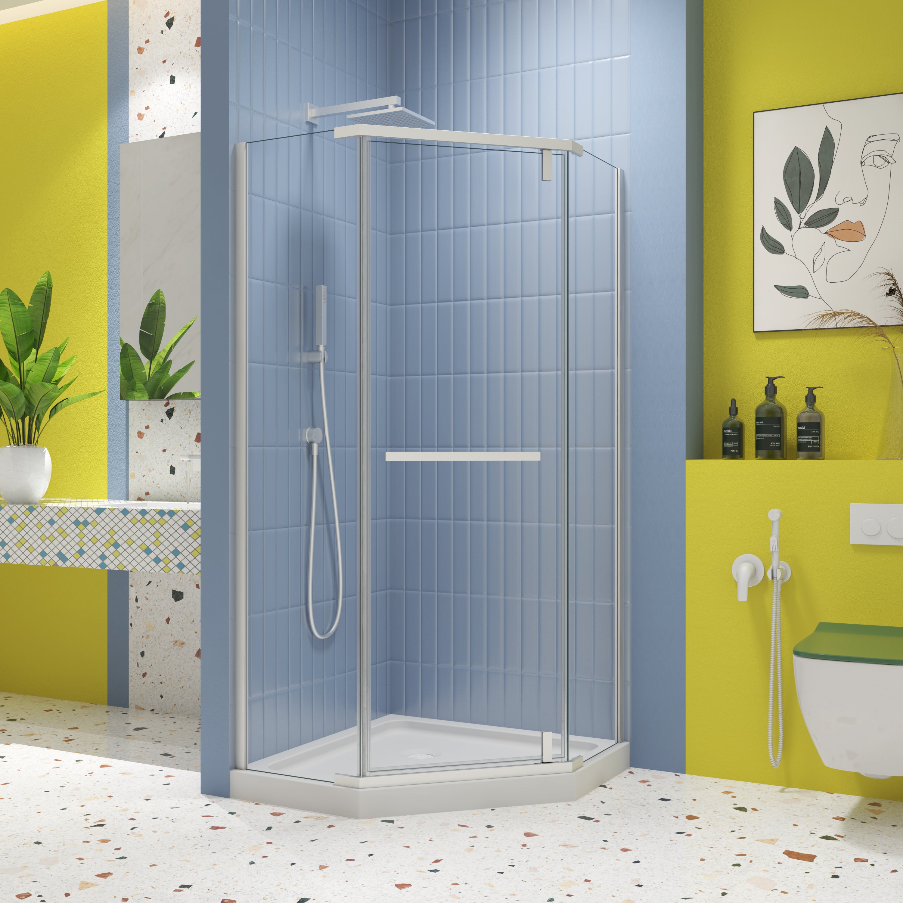34.75 x 72 in neo-angle pivot shower enclosure matte white front view