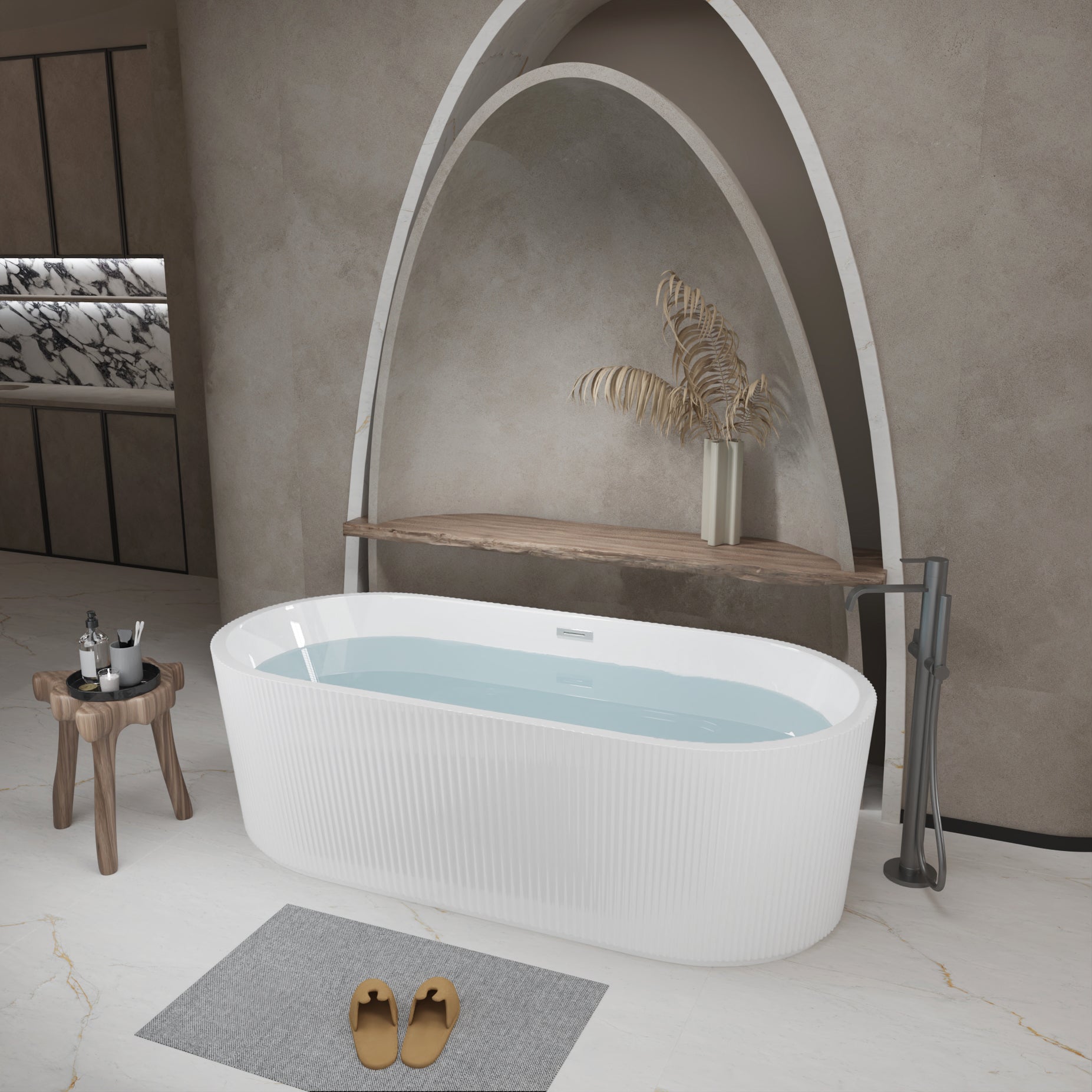 Linear acrylic bathtub, glossy white, interior basin view