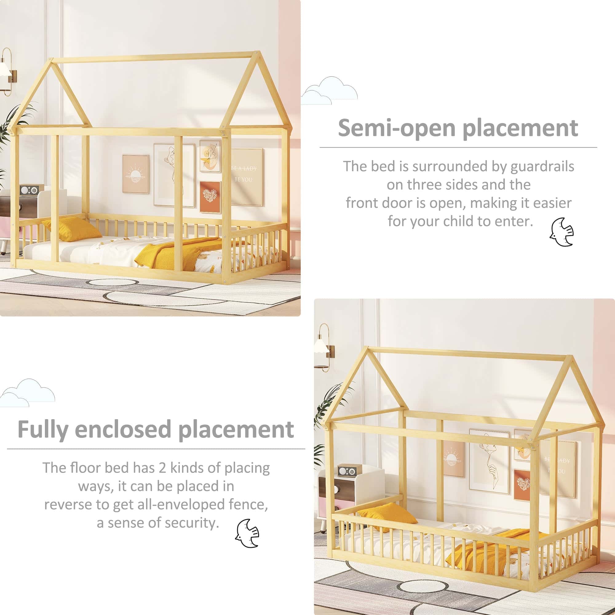 Twin Size Floor Wooden Bed with House Roof Frame and Safety Guardrails,Natural