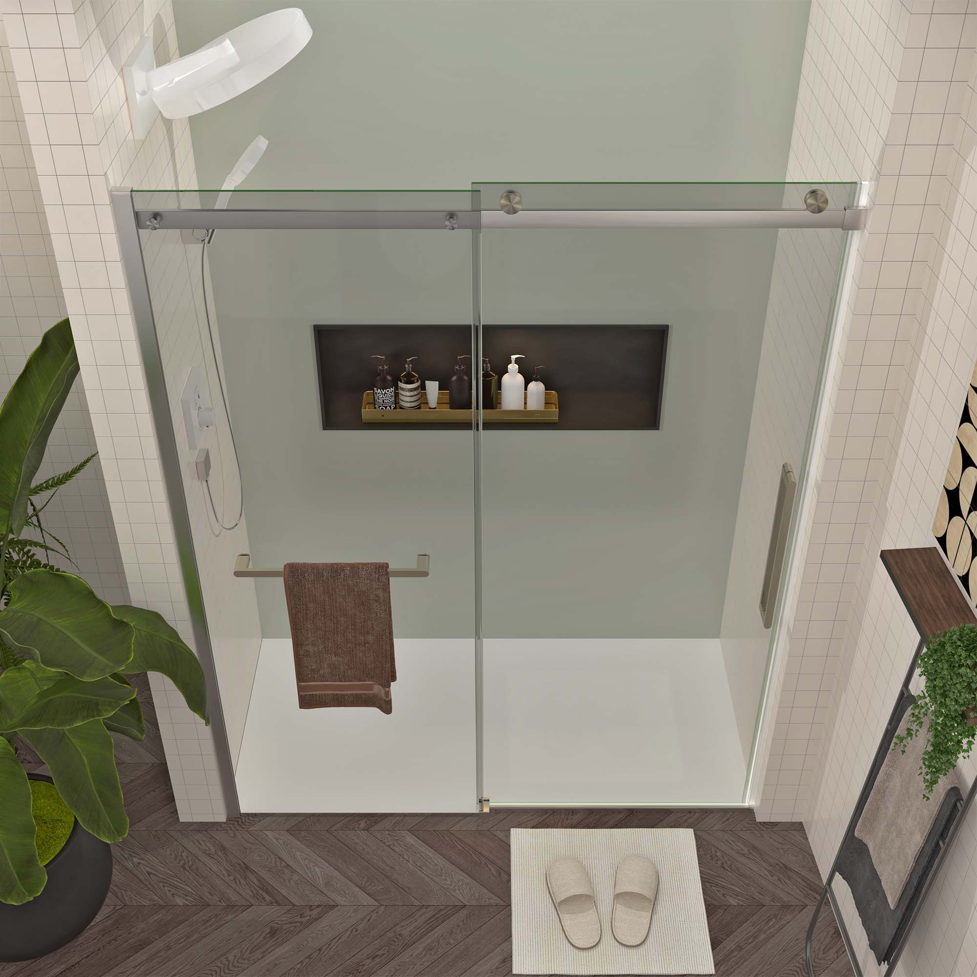 Frameless sliding shower door 56-60 in brushed nickel angled view
