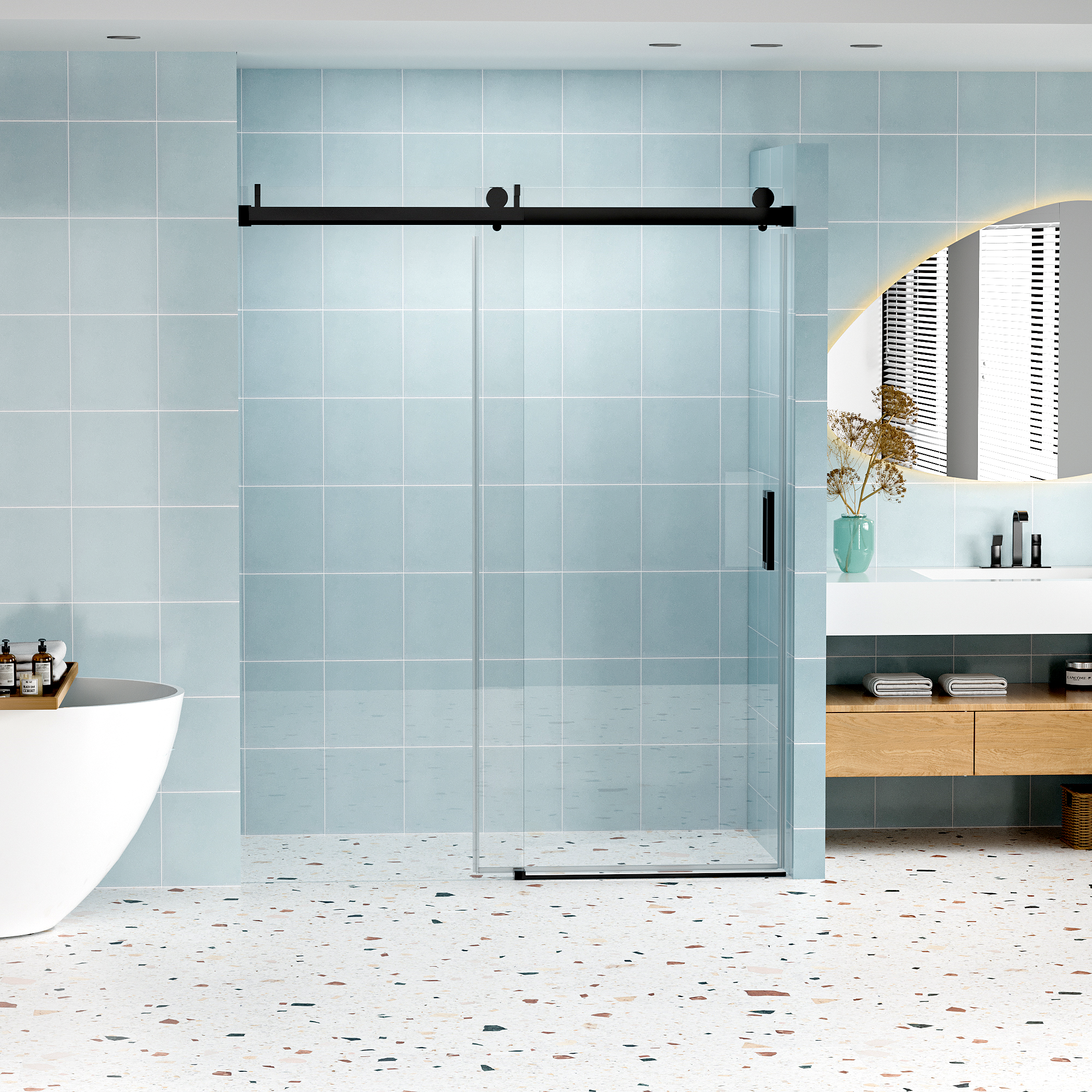 56" - 60" (W) x 76" (H) Frameless Soft-closing Shower Door, 1/4" (6mm) Tempered Glass Single Sliding with Explosion-proof Coating, Matte Black 24D01-60MBX