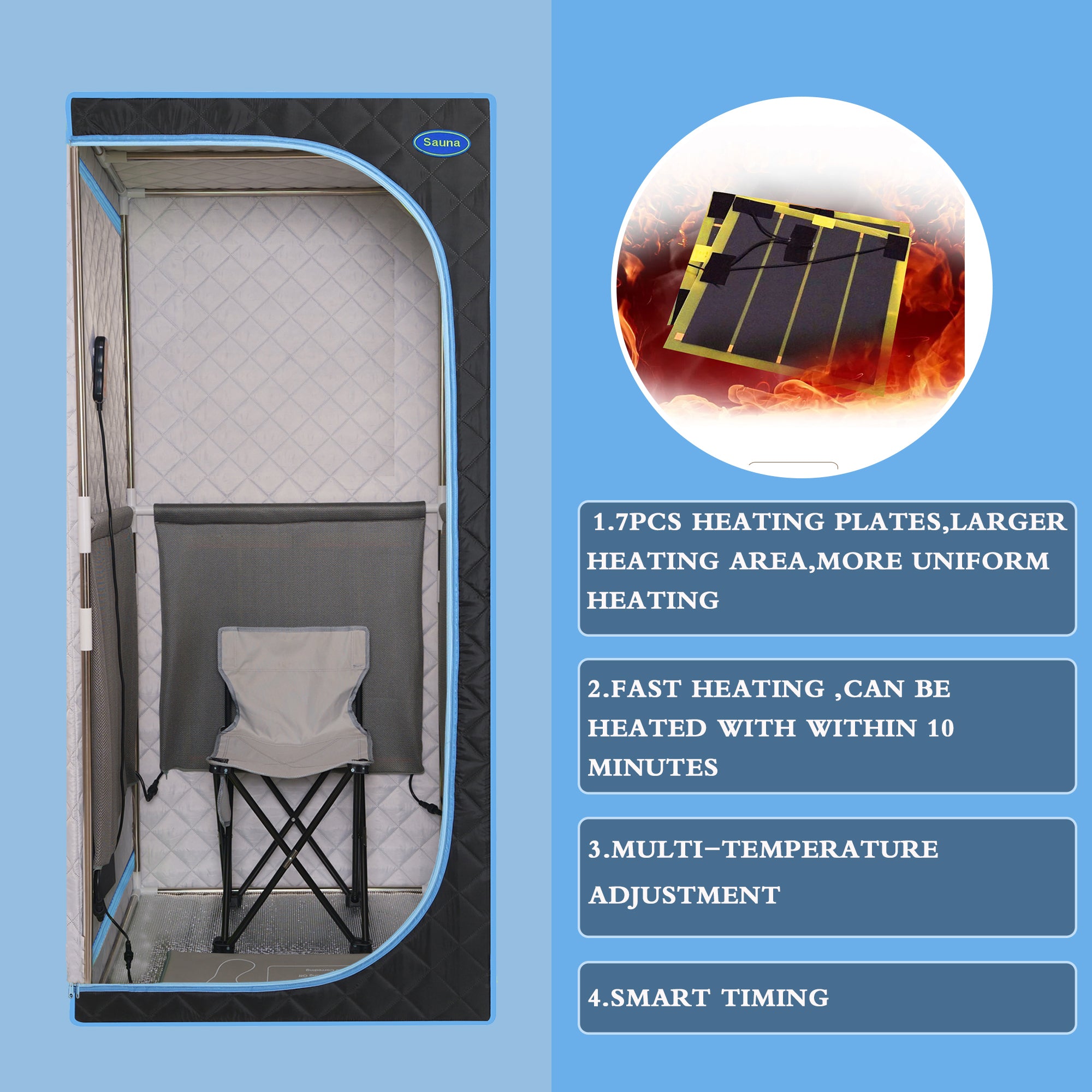 Portable Plus Type Full Size Far Infrared Sauna tent. Spa, Detox ,Therapy and Relaxation at home.Larger Space,Stainless Steel Pipes Connector Easy to Install.FCC Certification--Black(Blue binding)