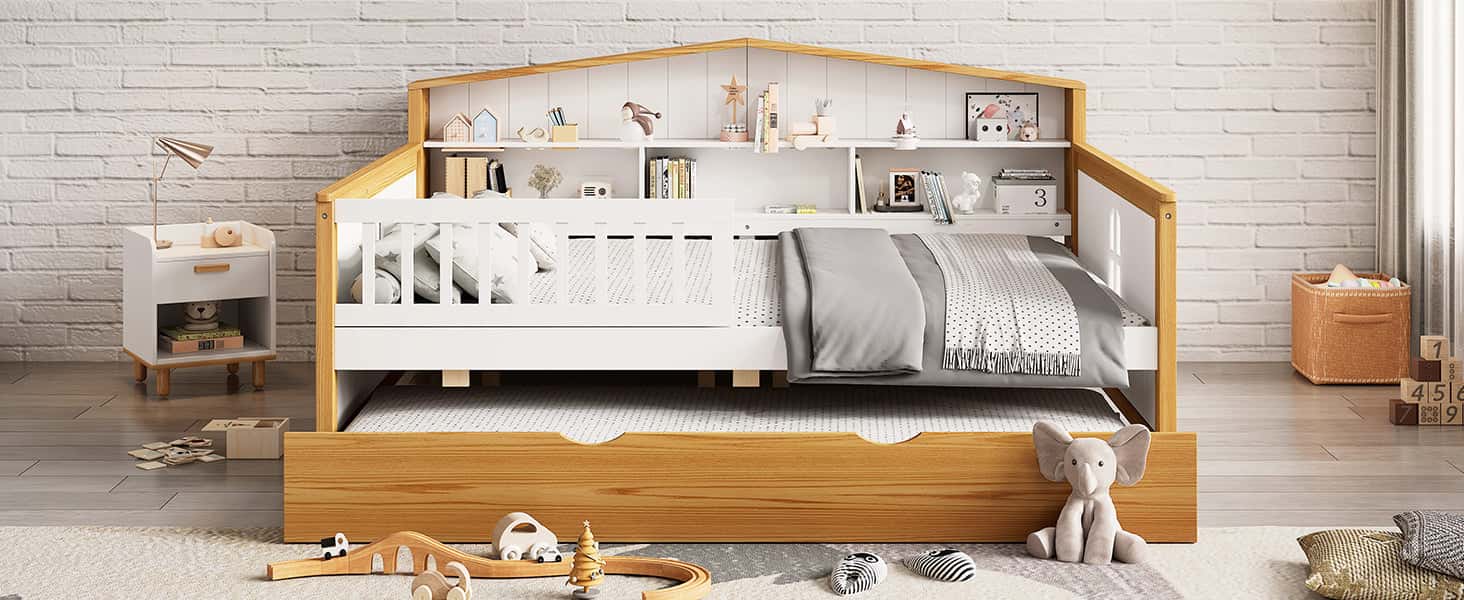 Full Size House Shape Daybed with Trundle and Bookcase Headboard Wooden Bed for Girls Boys Teens, No Box Spring Needed, Walnut and White