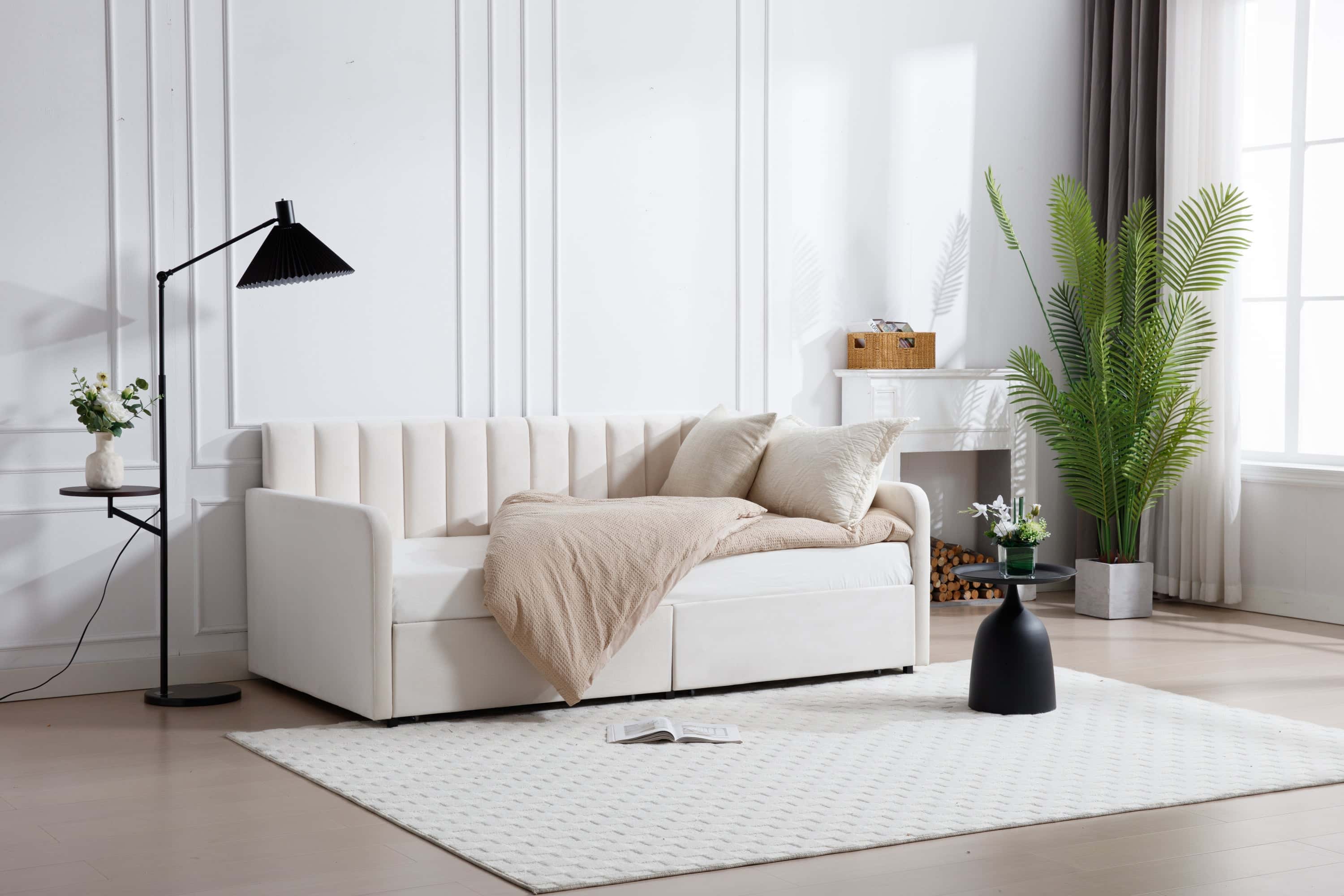 Flora Upholstered Daybed with 2 Drawers, Twin, Ivory Velvet, Ribbed Tufted Backrest, Daybed in Lavish Modern Design