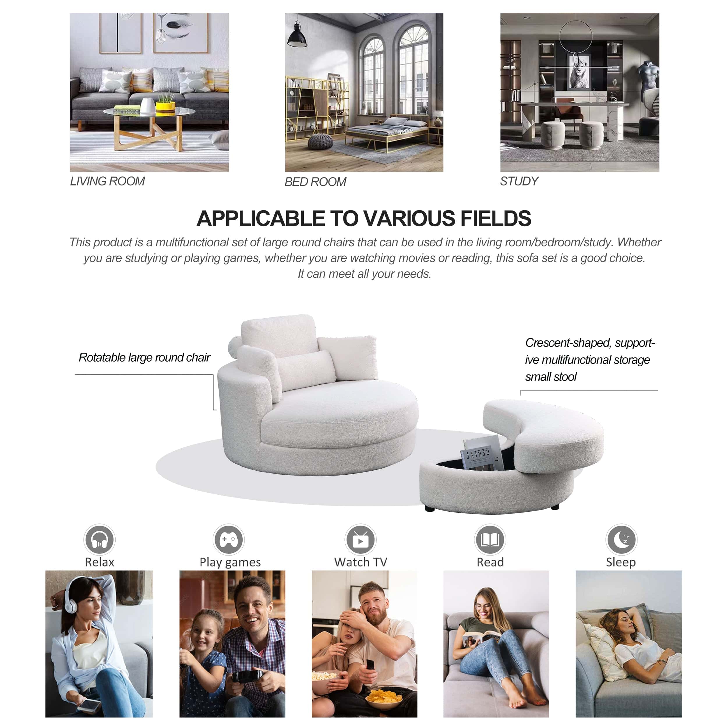 Welike Swivel Accent Barrel Modern Sofa Lounge Club Big Round Chair with Storage Ottoman Linen Fabric for Living Room Hotel with Pillows,Teddy White (Ivory)