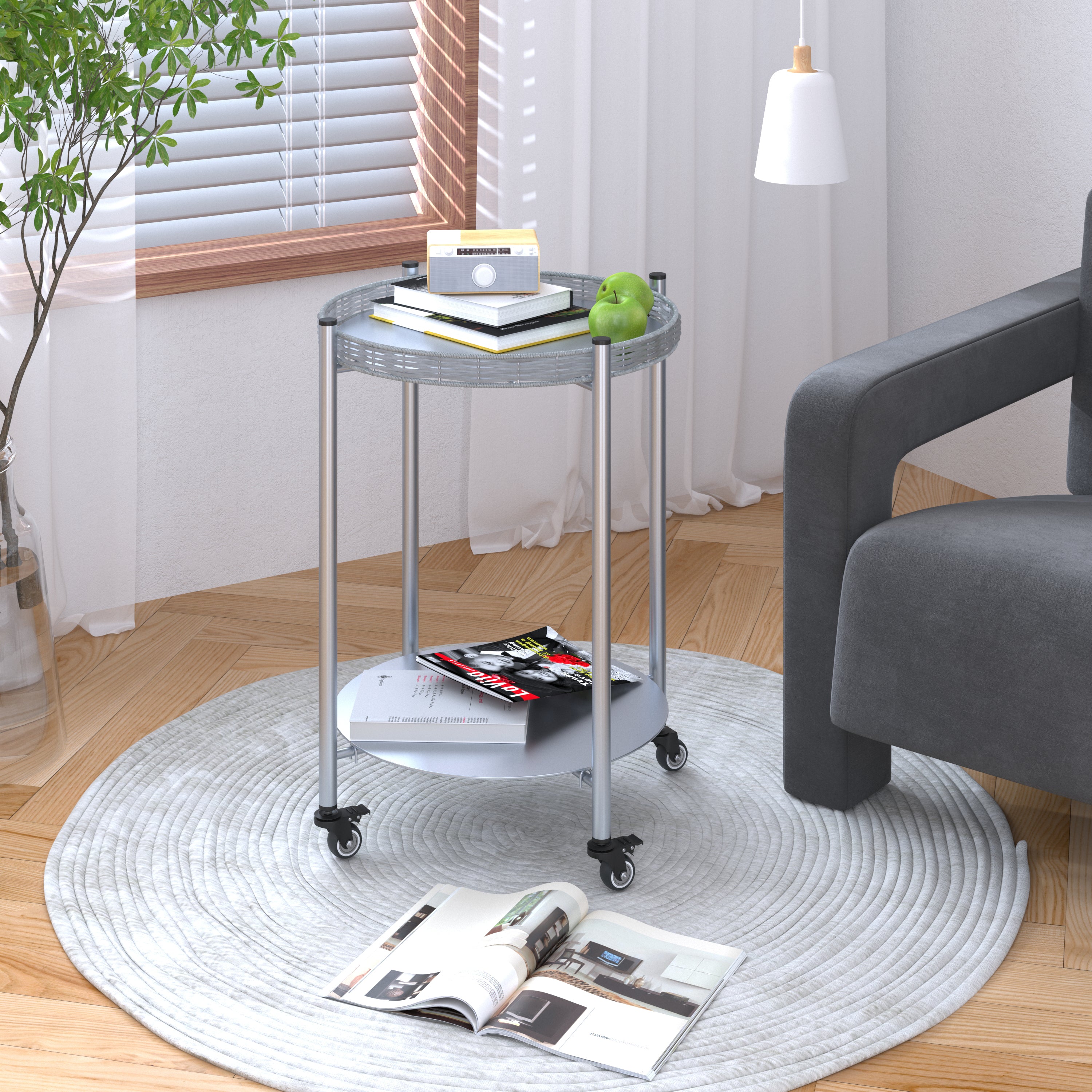 2-tier round metal rolling side table in silver gray, full front view