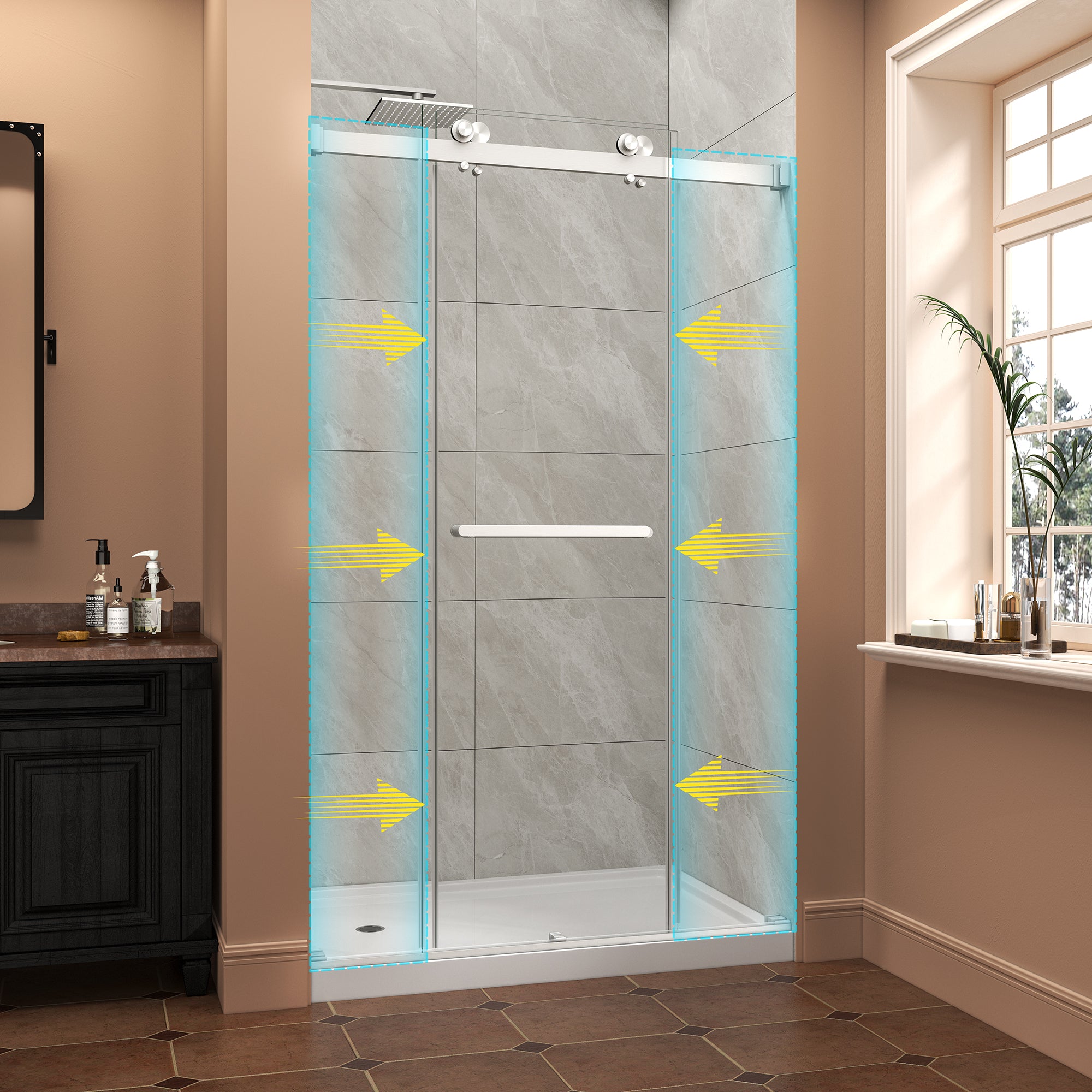 43-48 x 76 in reversible bypass shower door brushed nickel detail