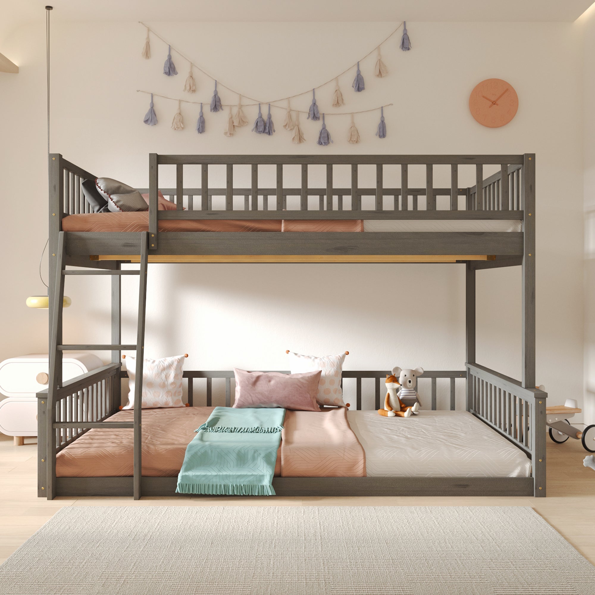 Gray Full XL over Queen bunk bed, ladder close-up view