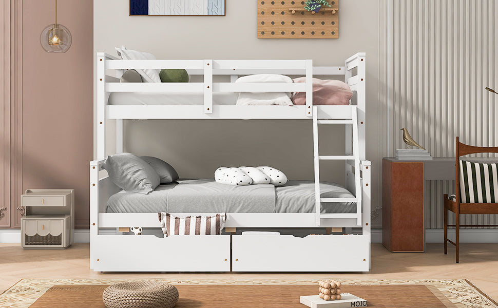 White twin over full bunk bed, full-size lower bunk view