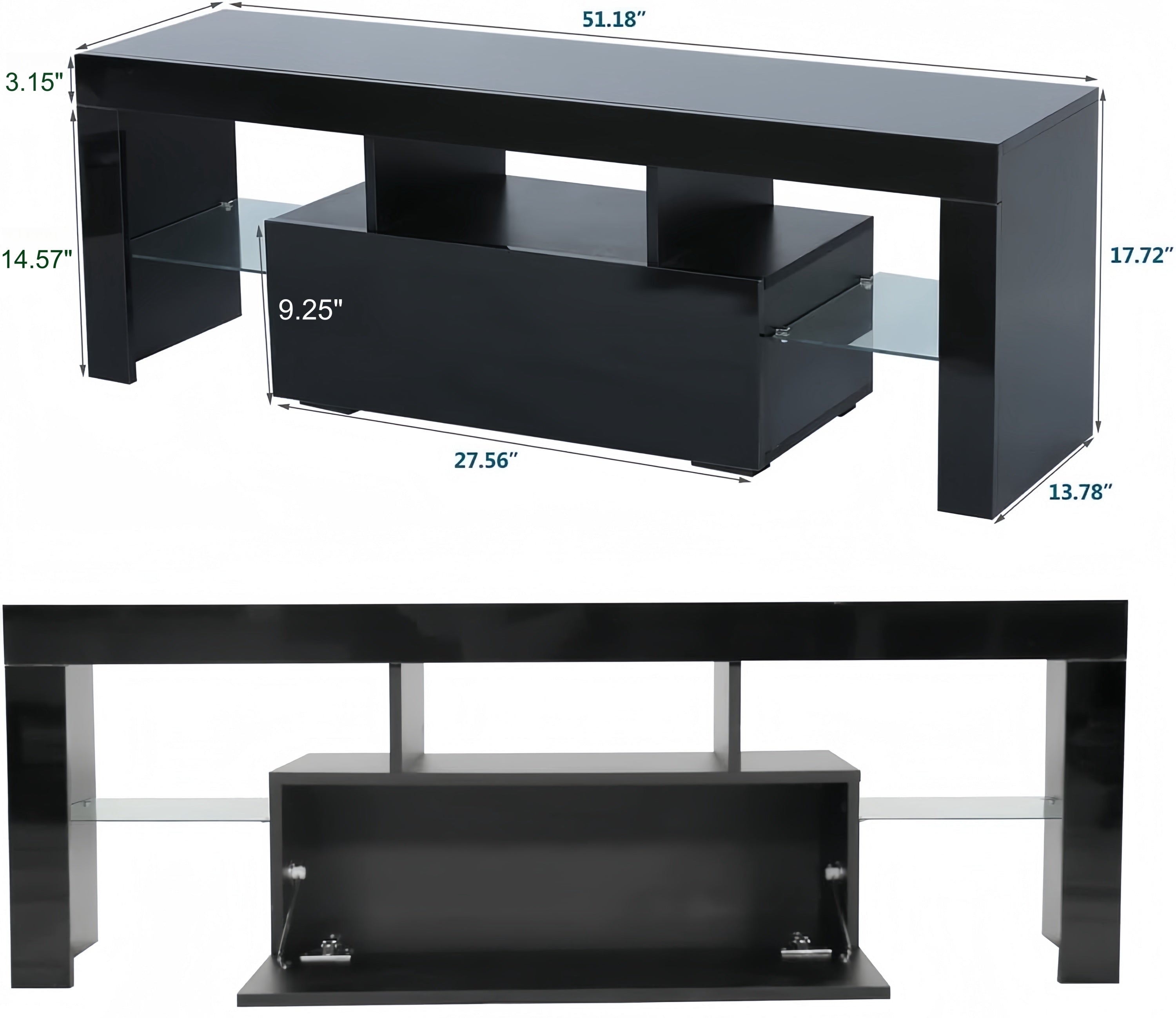 LED TV Stand for Televisions up to 55 Inchs,Modern Entertainment Center with down filp door, Glass shelf and high glossy UV front face, TV Console Table for Living room,Bedroom. Black color