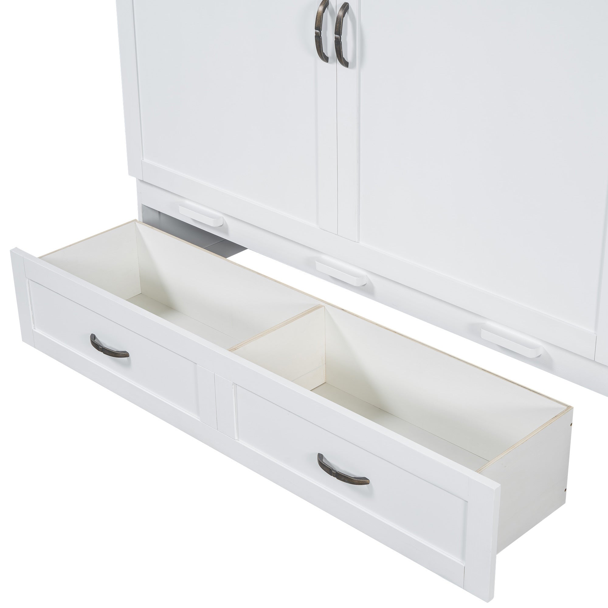 Queen Size Murphy Bed with USB Ports, Large Drawers and Metal Handles, White