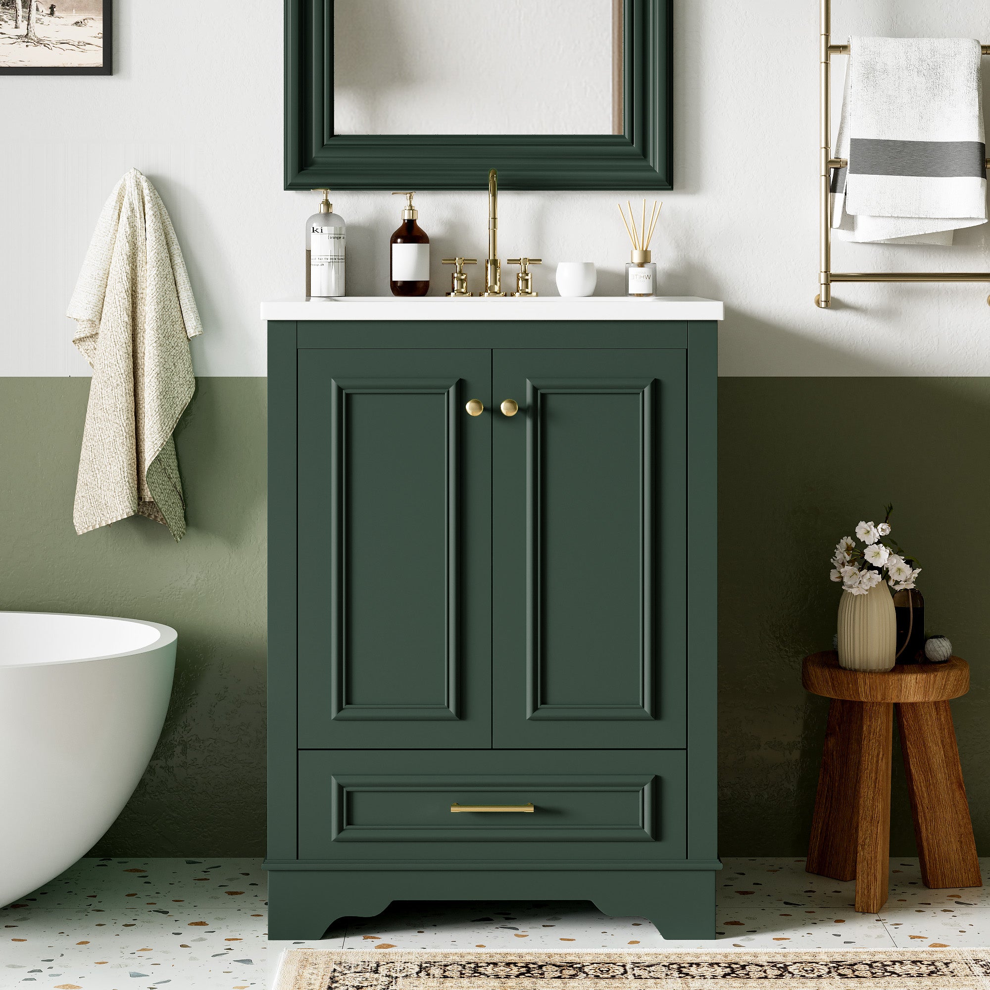 Modern freestanding vanity cabinet with soft-closing doors open, storage view