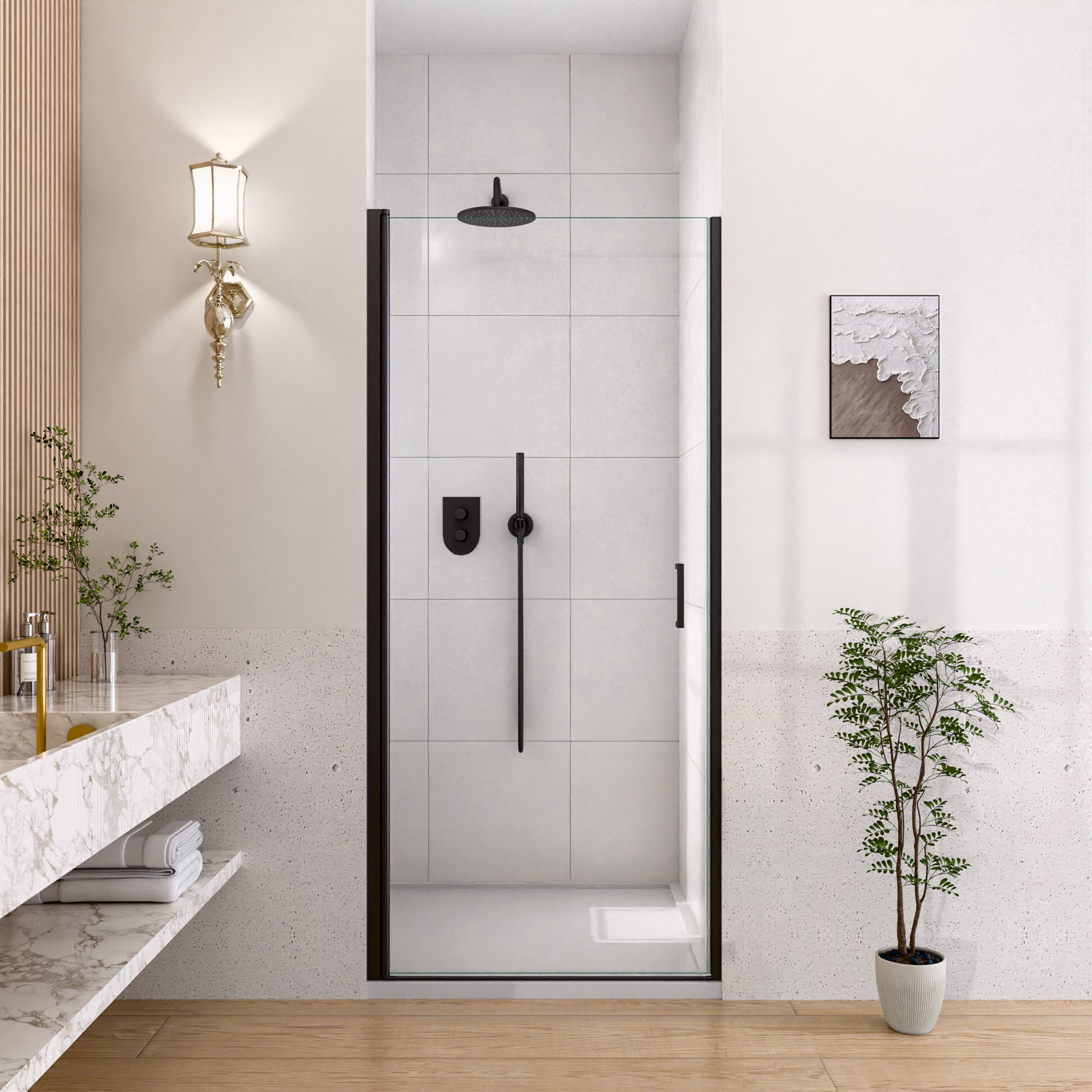 34x72 matte black pivot shower door installed in bathroom