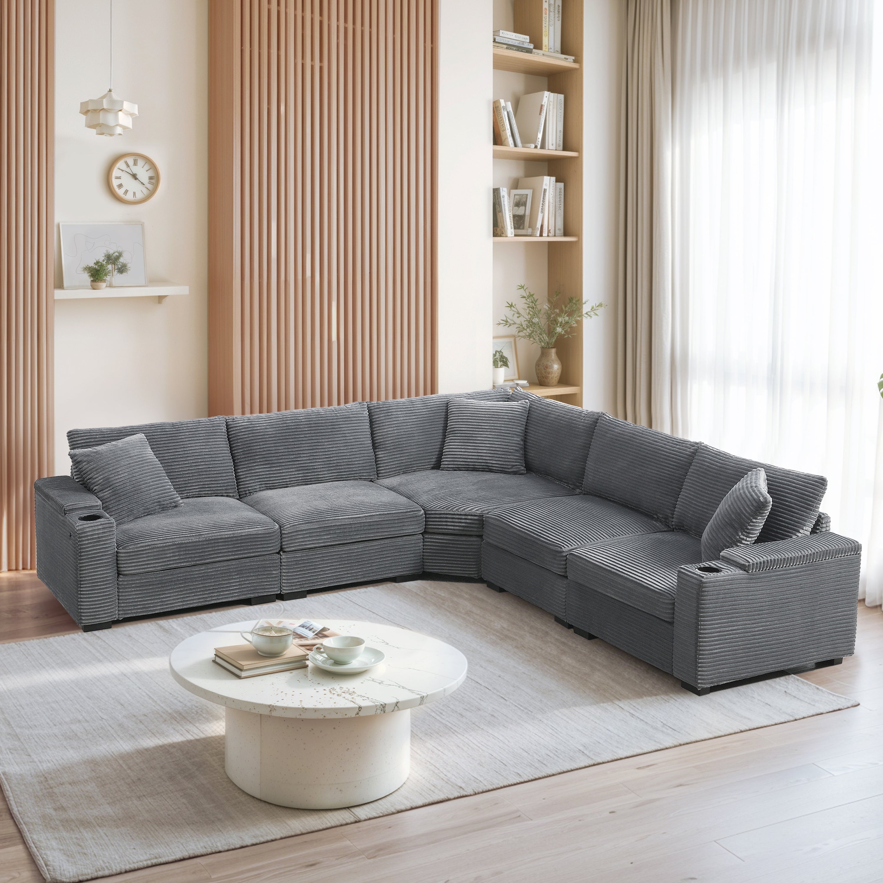 Corduroy convertible sectional sofa showing cup holders and USB charger