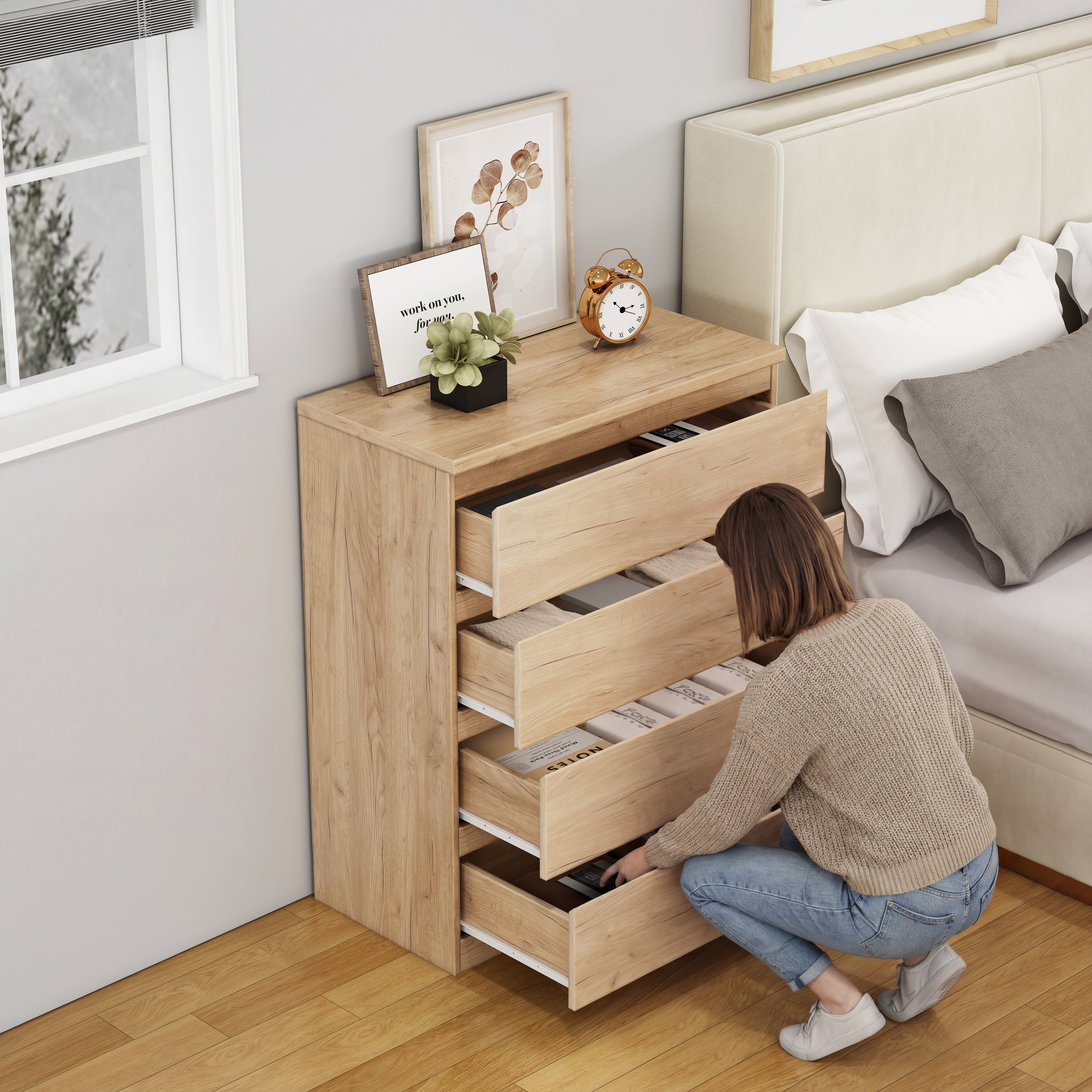 Natural 4-drawer dresser, handle-free front, angled view