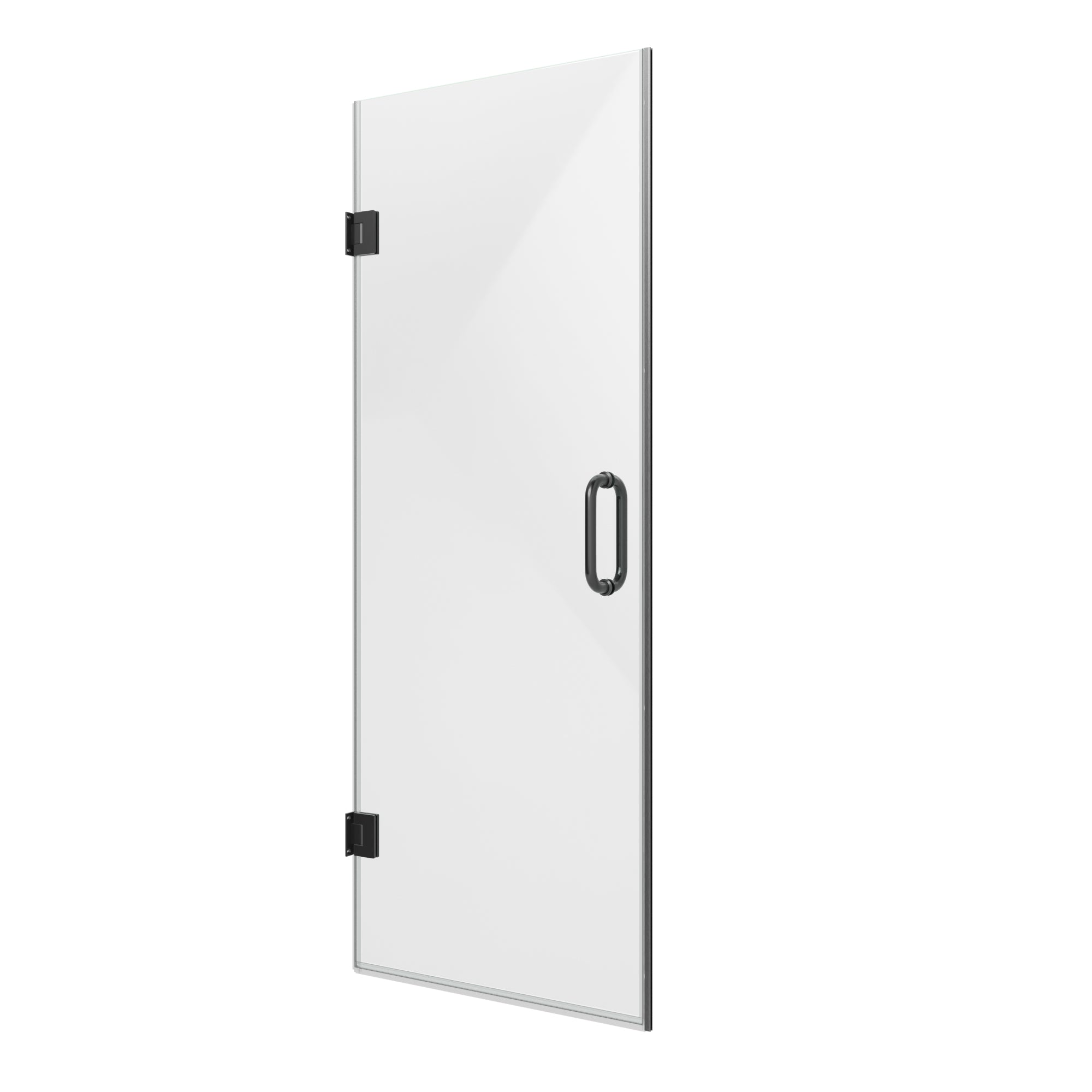 Frameless shower door 28x72 matte black hinge detail
