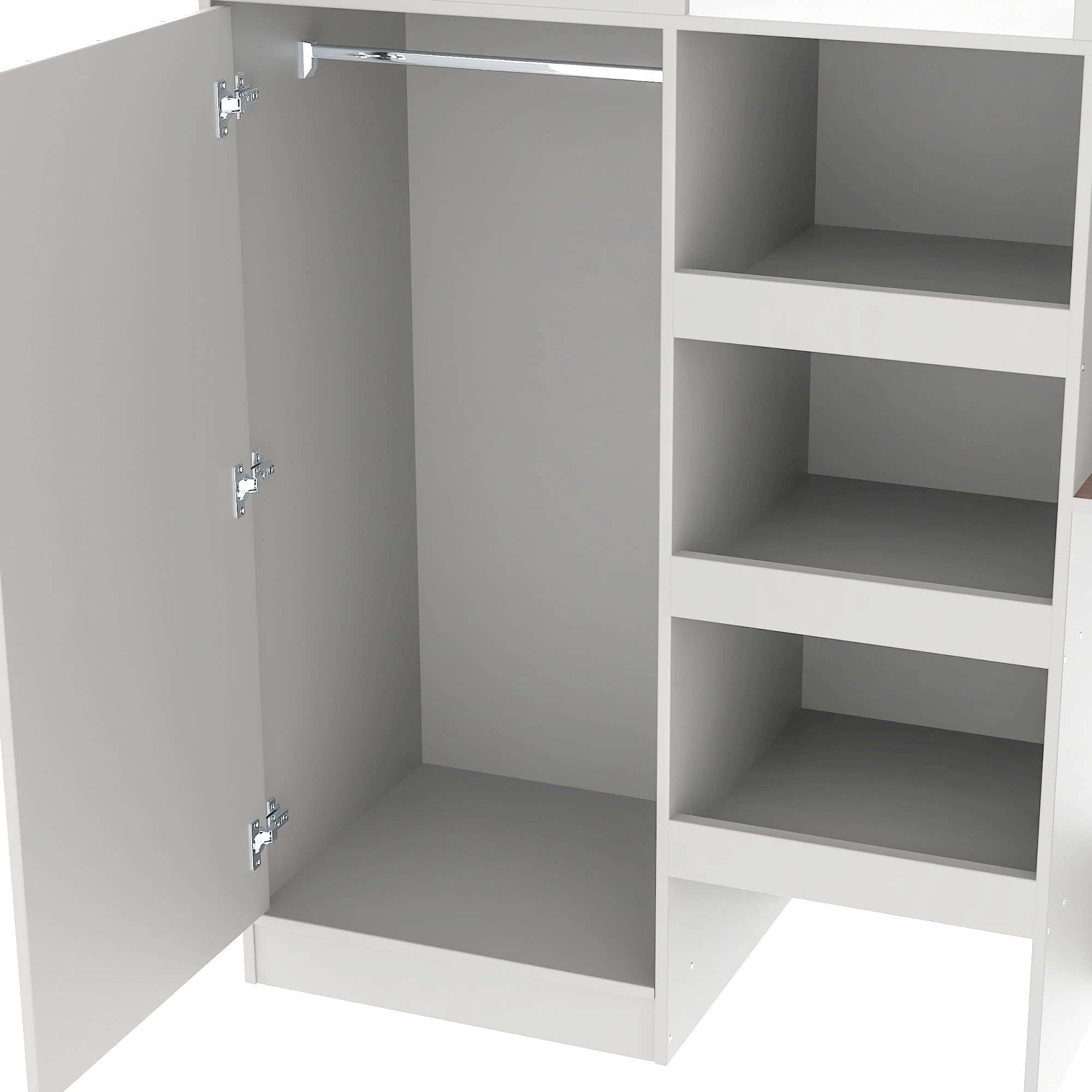 Wood Full Size Loft Bed with Built-in Wardrobe, Desk, Storage Shelves and Drawers, Grey