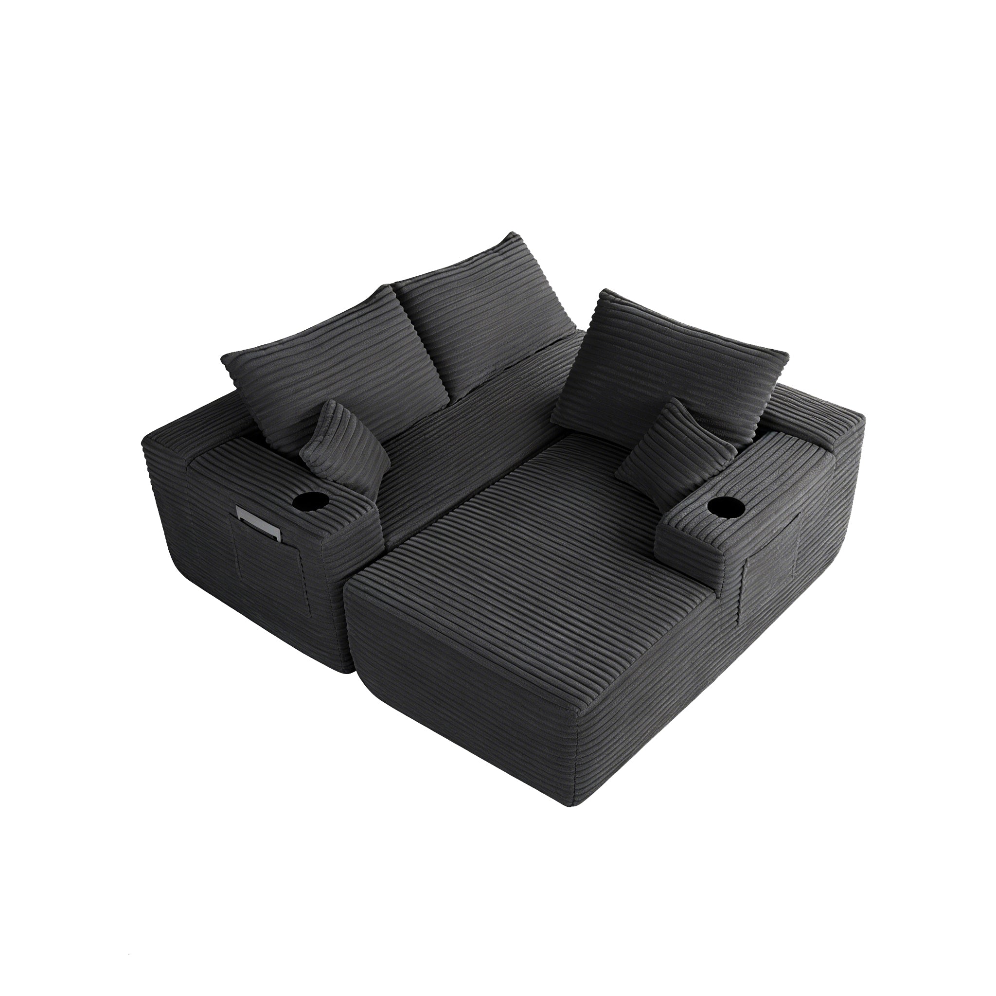 Grey plush L-shape sectional sofa chaise close-up view