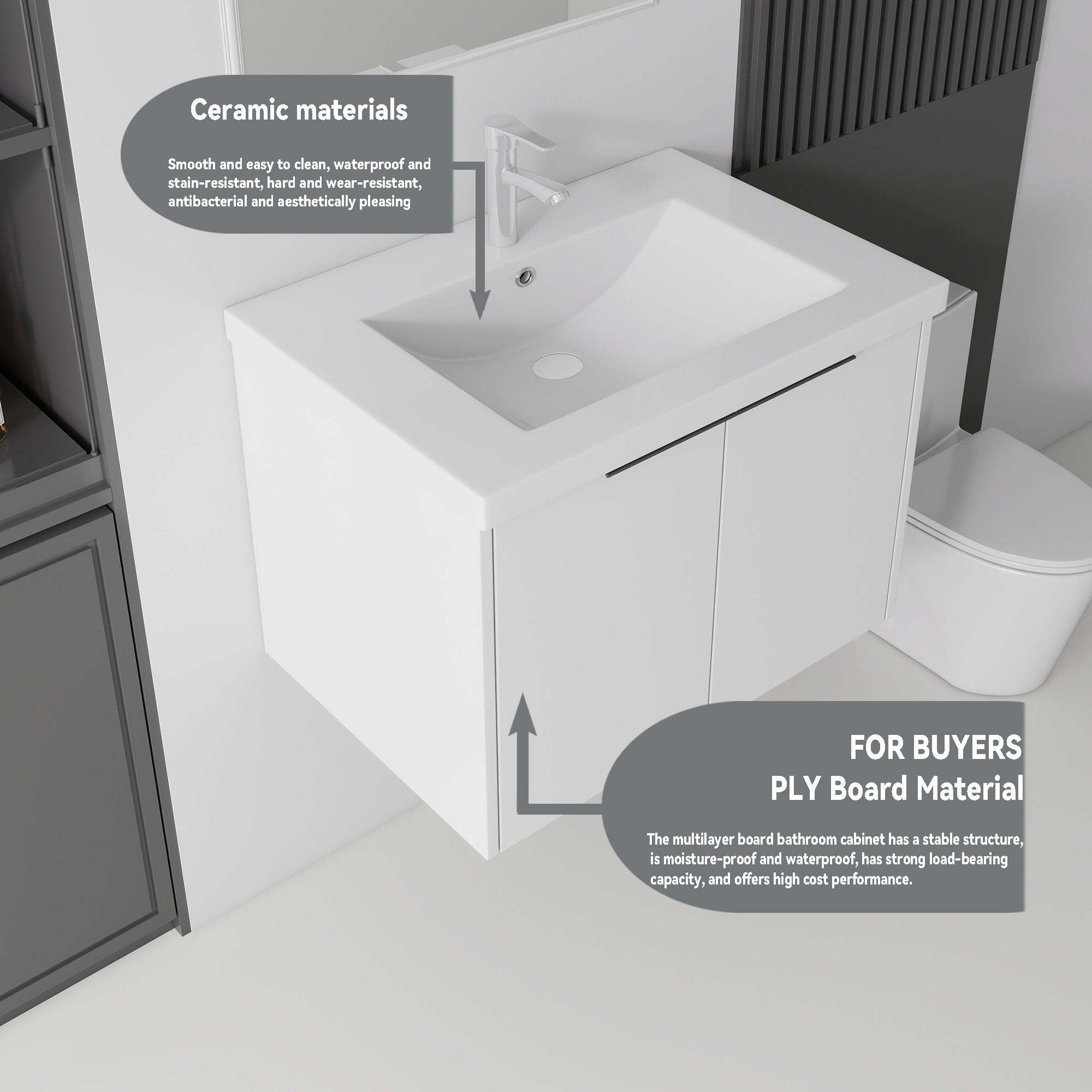 White wall-mounted bathroom vanity with ceramic sink, angled view