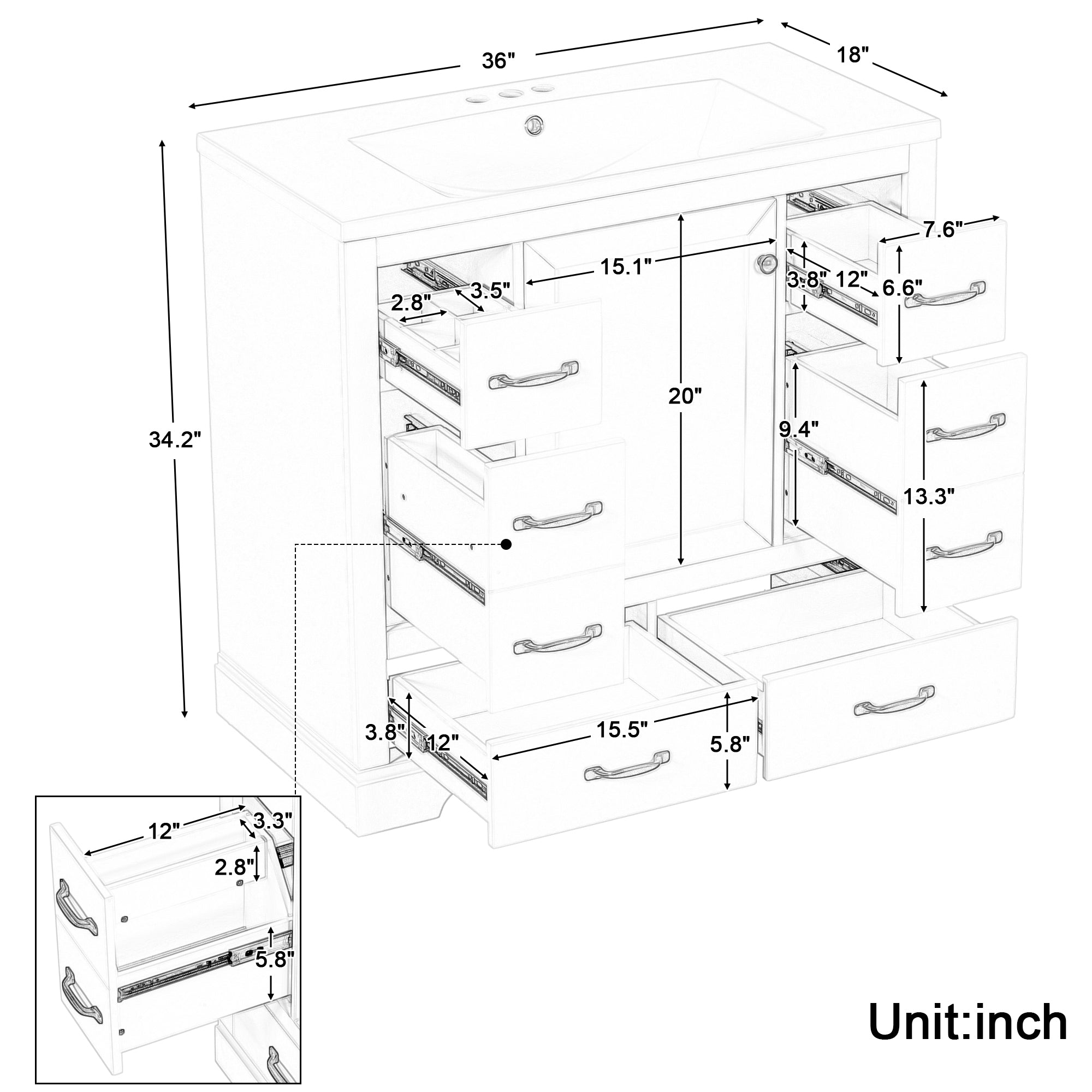 36" Bathroom Vanity with Sink Combo, Six Drawers, Multi-Functional Drawer Divider, Adjustable Shelf, White
