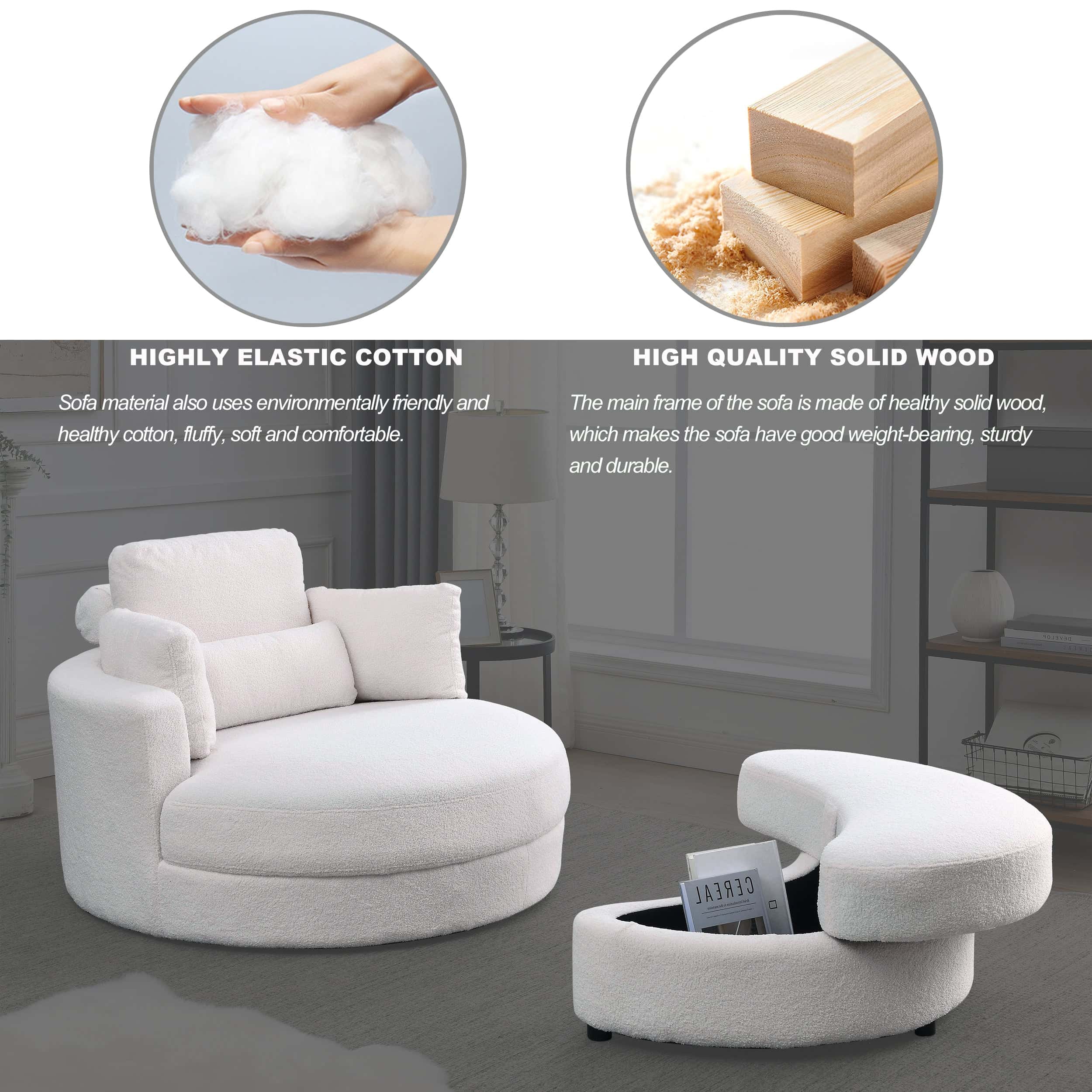 Welike Swivel Accent Barrel Modern Sofa Lounge Club Big Round Chair with Storage Ottoman Linen Fabric for Living Room Hotel with Pillows,Teddy White (Ivory)