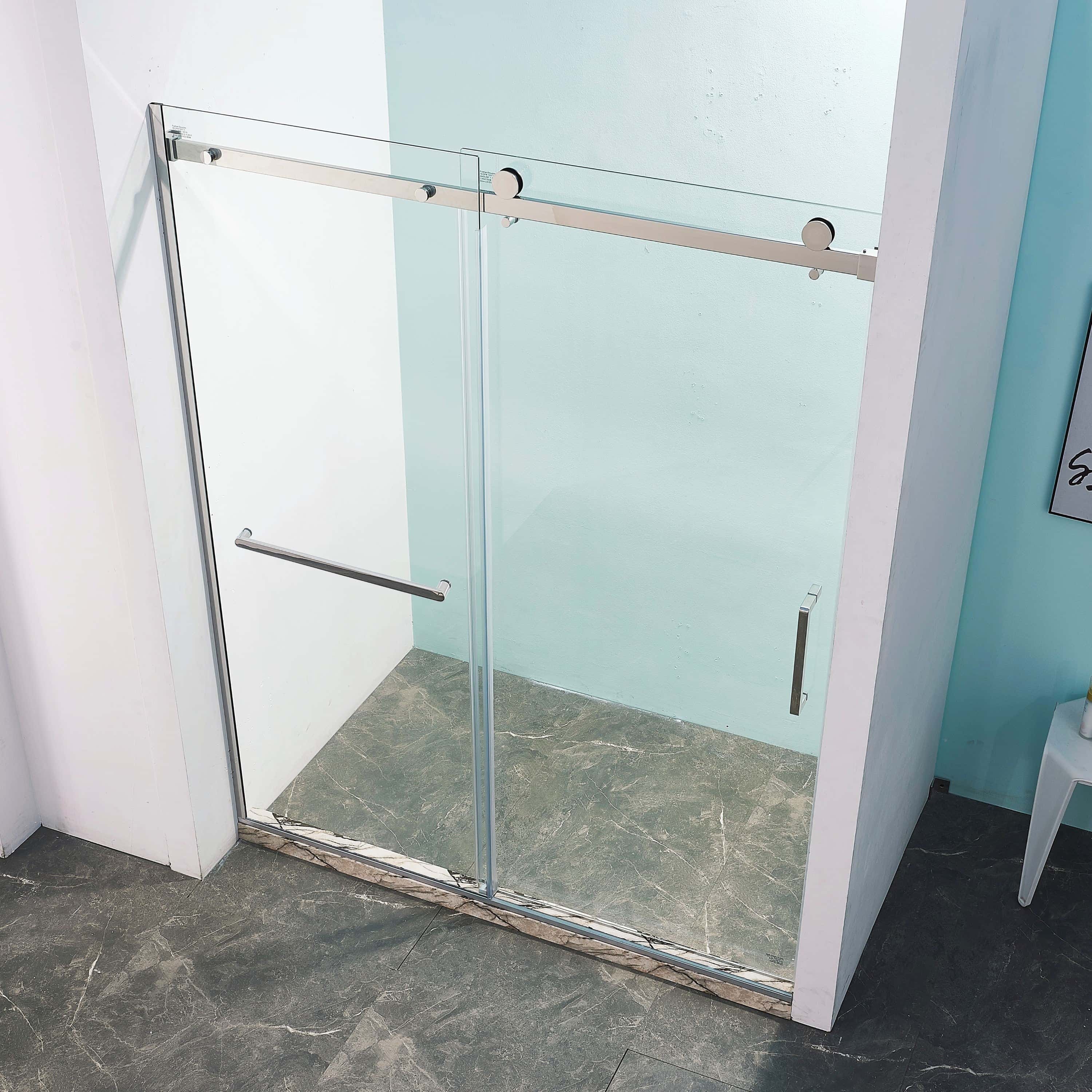 56-60"W x 75"H Semi-Frame Single Sliding Shower Door, 304 Stainless Steel in Brushed Nickel, 5/16" (8mm) Thick SGCC Tempered Clear Glass.